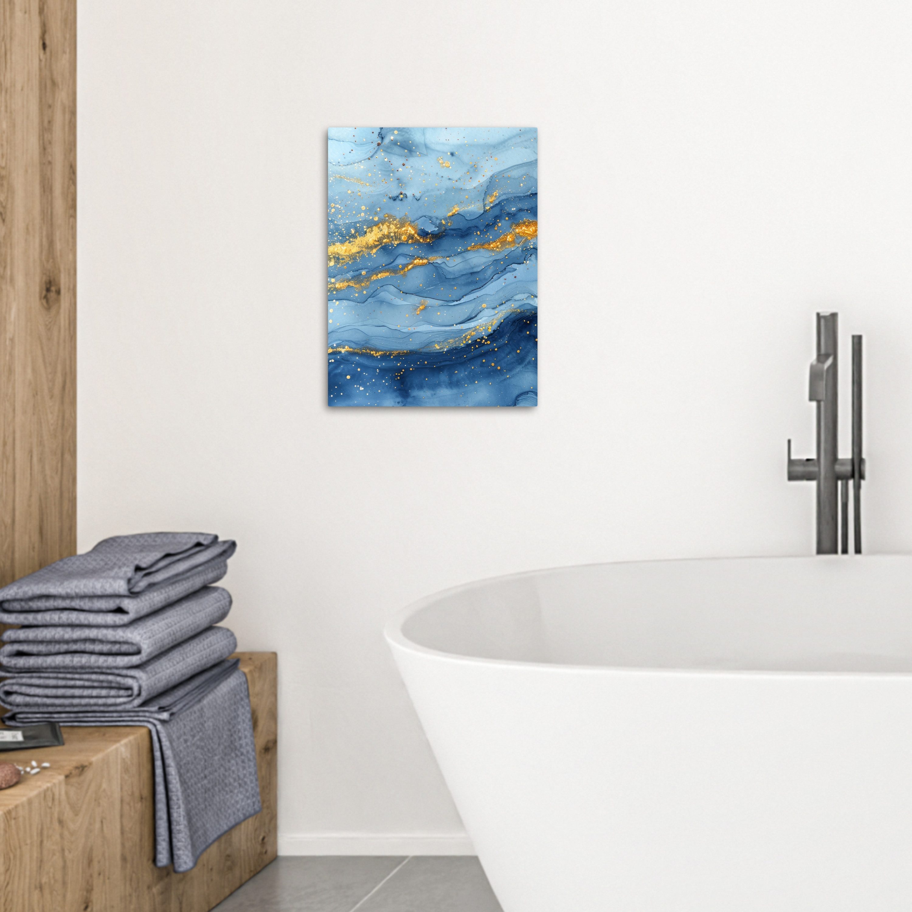 OneMillionCanvasses® Leinwandbild Aquarell - Blau - Kunst - Gold - Luxus - Modern, Fotodruck (1 St), Badezimmer Deko, Bilder Bad, Gäste WC Wanddeko 30x40 cm