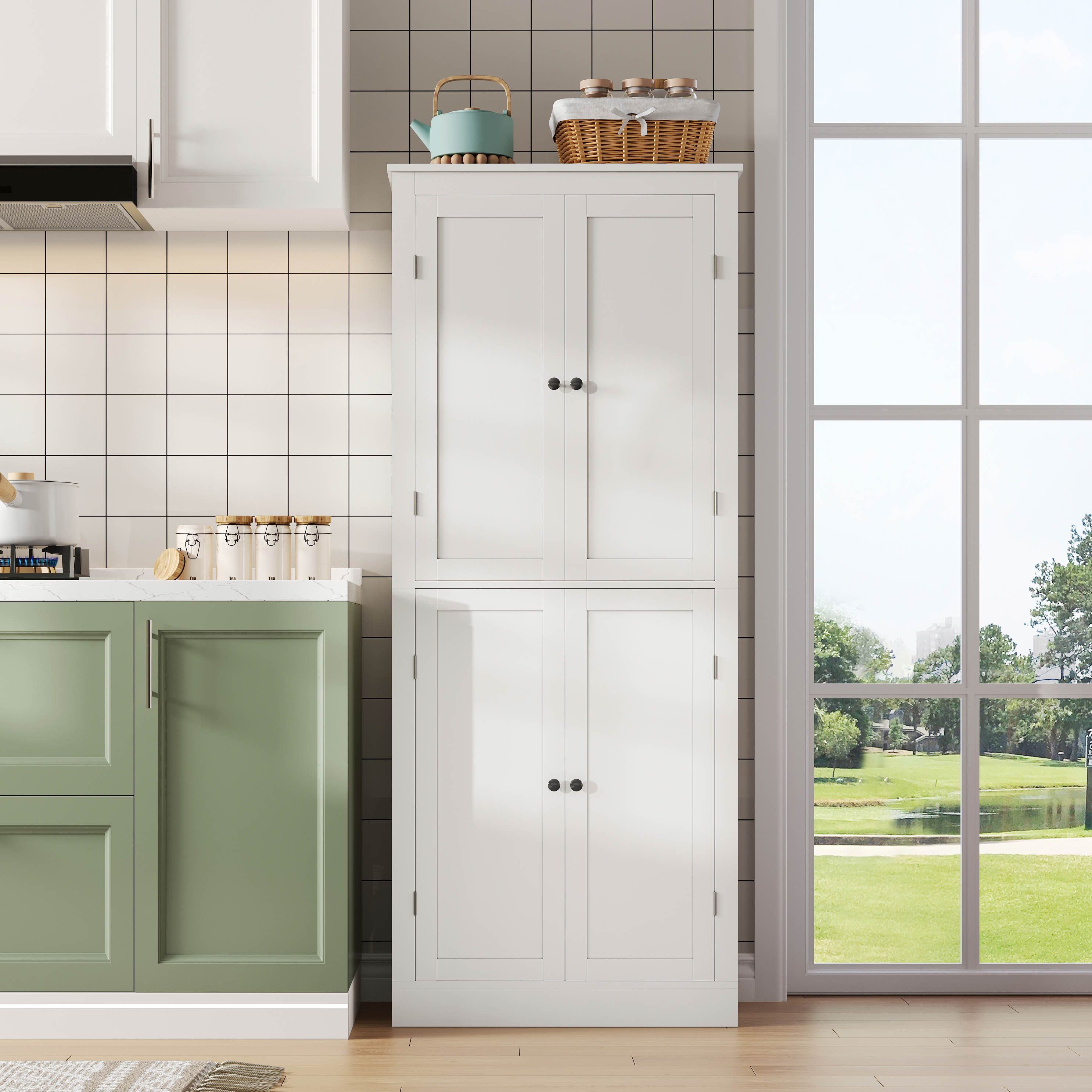 Flieks Mehrzweckschrank Hochschrank mit Türablagen, 7 Staufächern und 1 versteckte Schubladen (1-St., 75x40x182 cm) Küchenschrank Küchenbuffet Vorratsschrank Sideboard Weiß