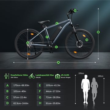 iscooter E-Bike 26 Zoll Elektrofahrräder mit abnehmbarem 10,4 Ah Akku, 5 Gänge, 7 Gang, Kettenschaltung, Heckmotor, (Scheinwerfer, Rücklicht, Reflektor), City Elektrofahrrad, LCD-Bildschirm, Bis zu 65–80 km, für 160–190 cm