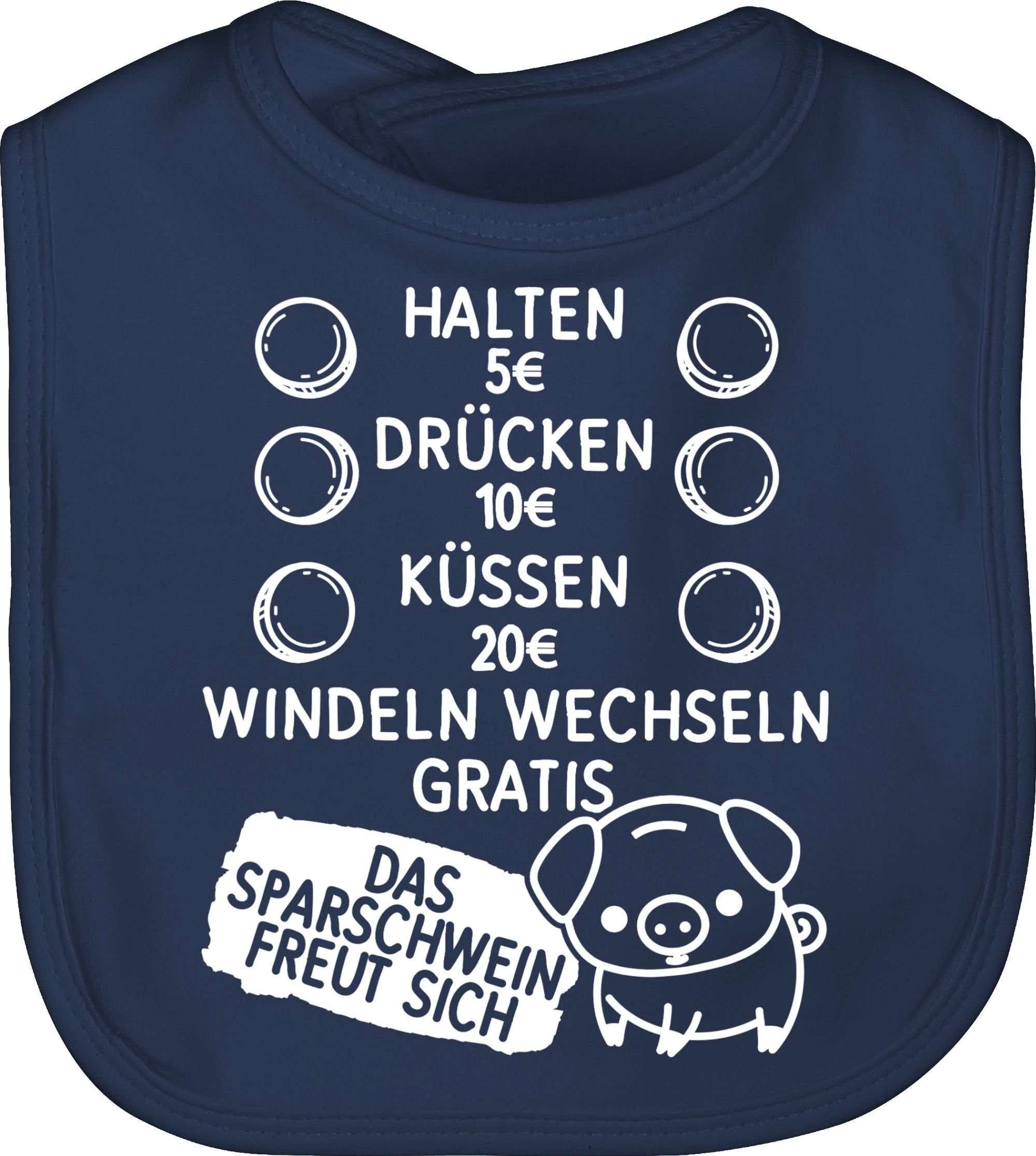 Lätzchen Baby - 1 Sprüche Preisliste weiß, Sparschwein mit Navy Shirtracer Blau