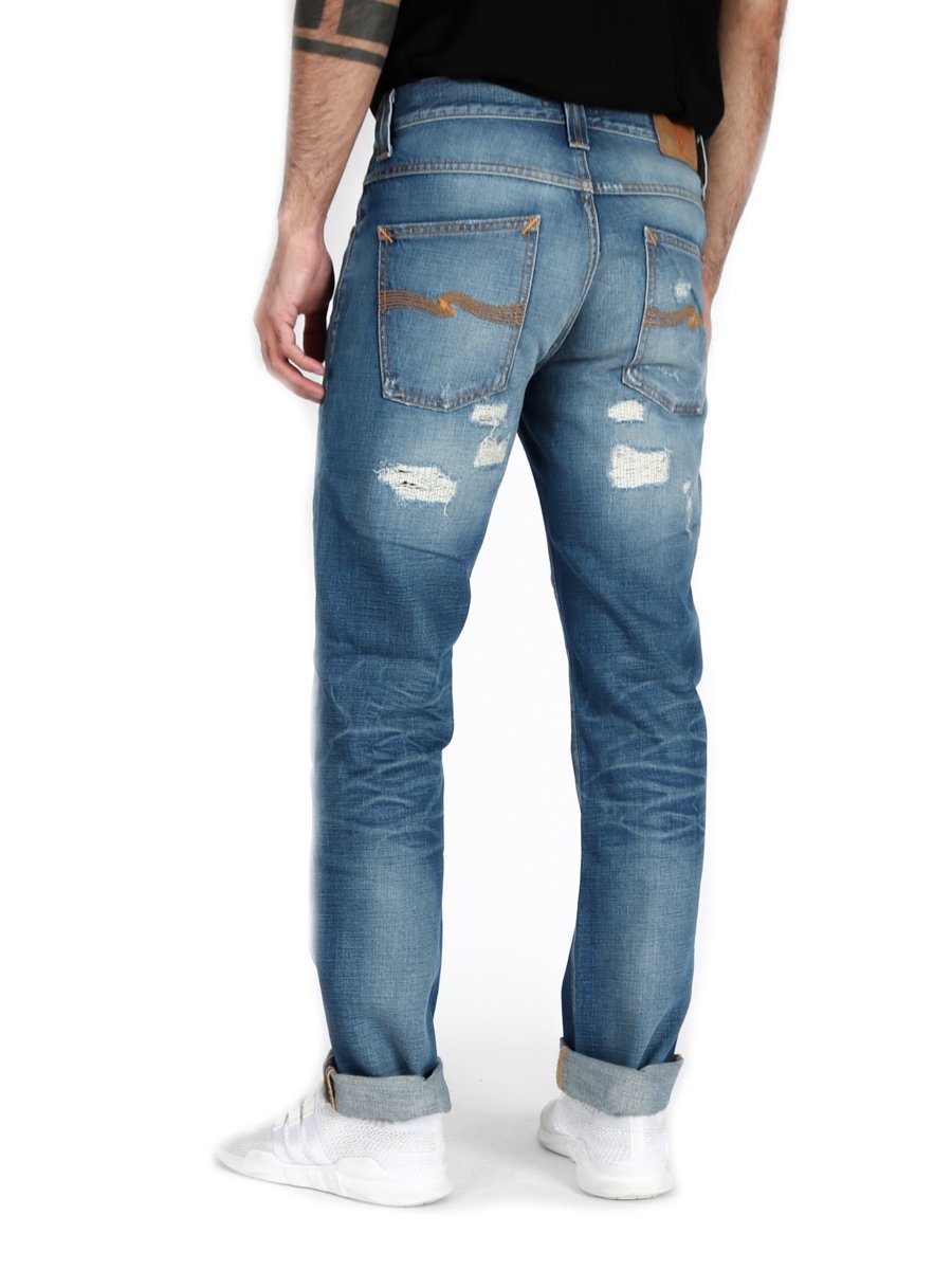 Herren Jeans Nudie Jeans Slim-fit-Jeans Herren Destroyed Hose Bio Baumwolle - Grim Tim Johny Replica