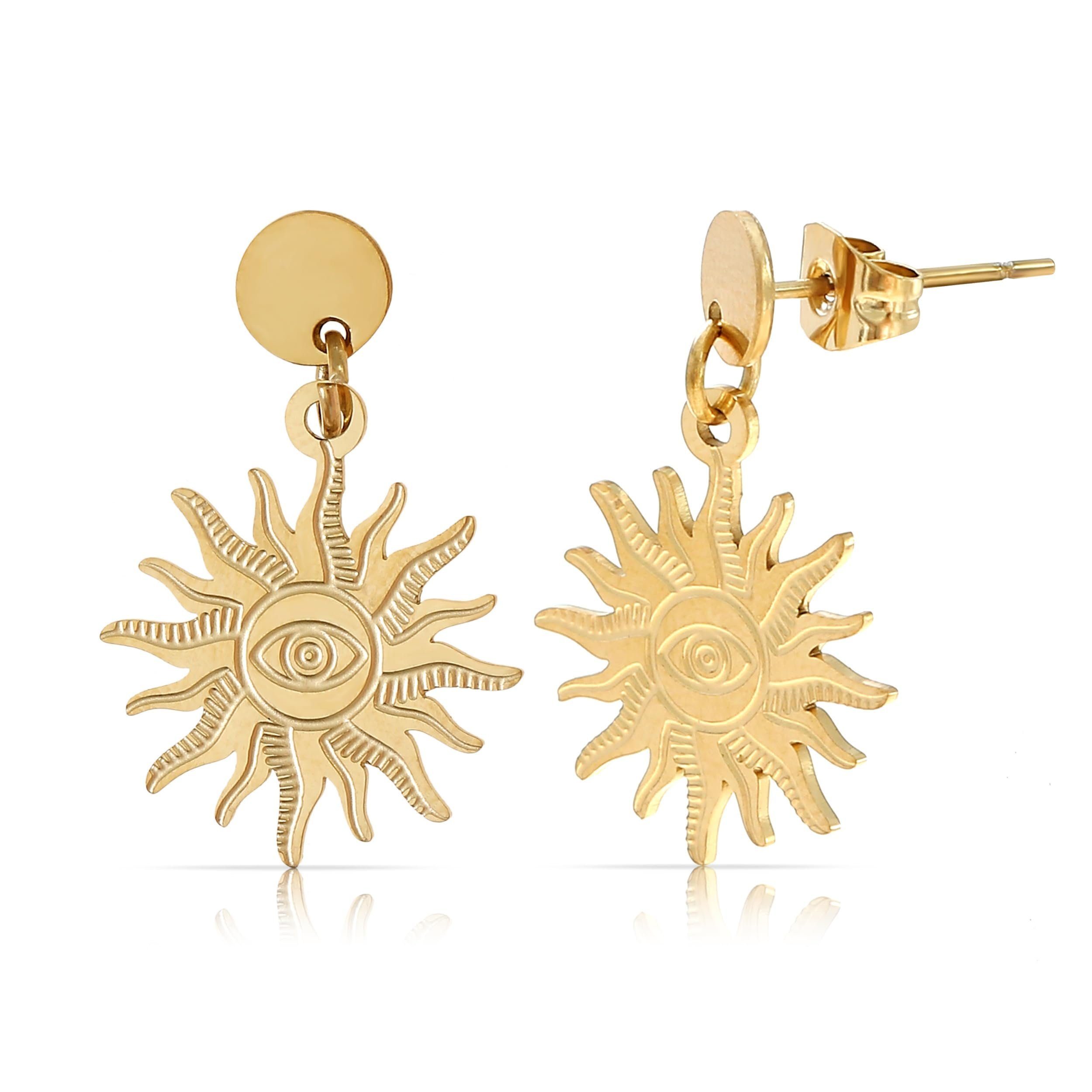 Made by Nami Paar Ohrstecker Goldene Ohrringe Damen mit Sonne Boho Schmuck aus Edelstahl, Wasserfest für Sommer Outfits
