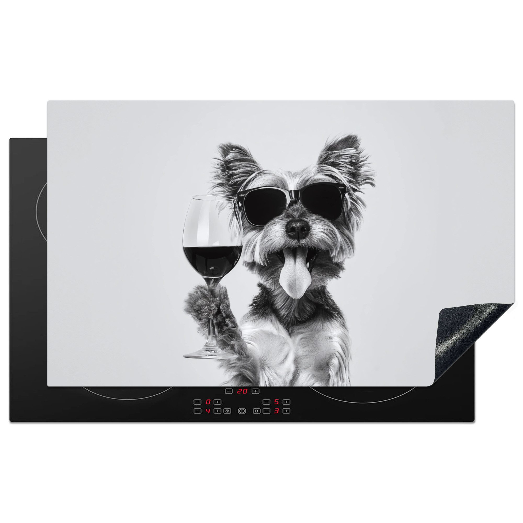 MuchoWow Herd-Abdeckplatte Hund - Weinglas - Sonnenbrille - Enthusiastisch, Vinyl, (1 tlg), Herdabdeckplatten für Ceranfeld, Induktionsschutz, 80x50 cm