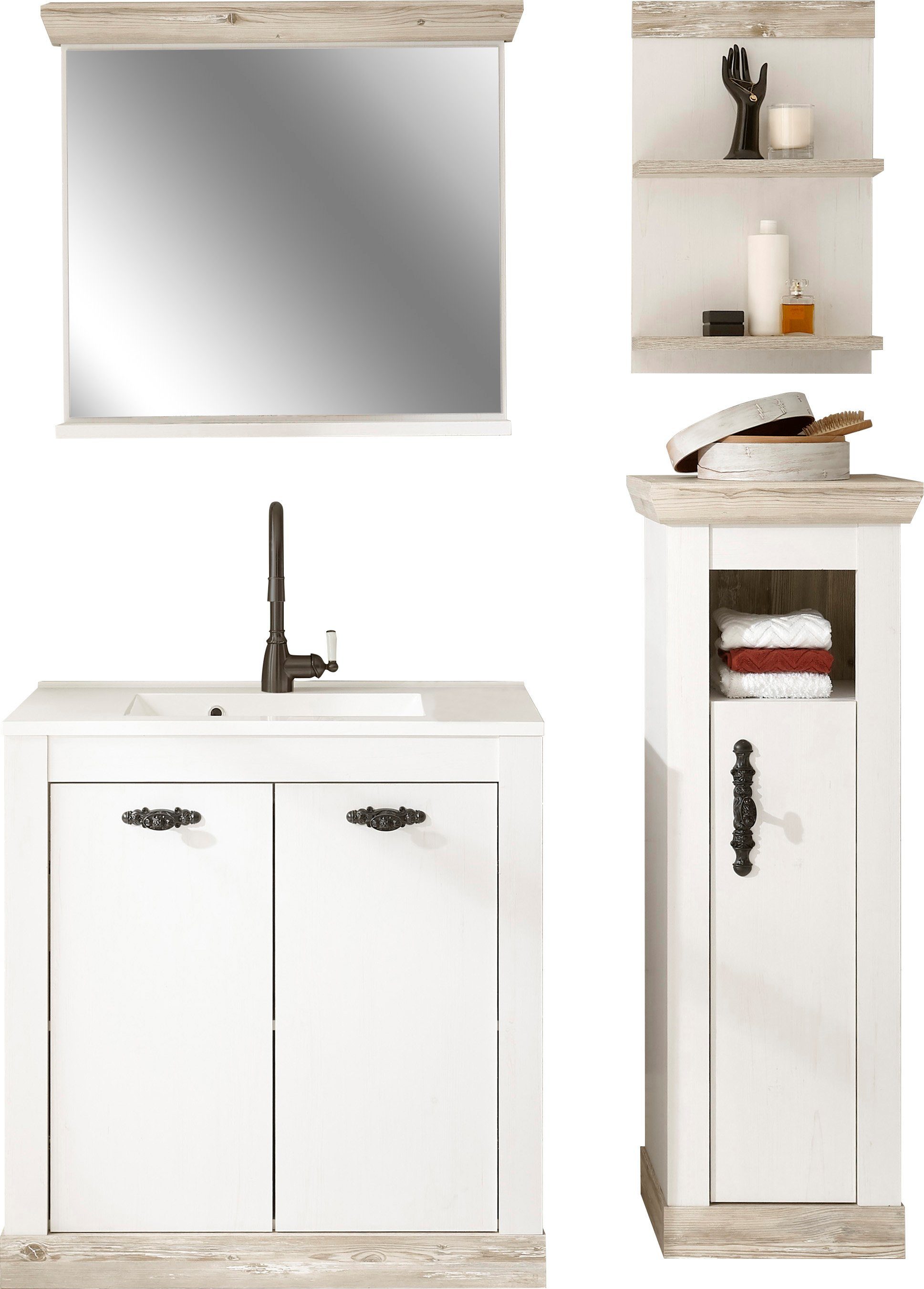 Home affaire Badmöbel-Set Florenz, Bad im Landhausstil, 4-teiliges Badezimmer, (4-St), Waschtisch, Schrank, Wandregal und Spiegel, in Pinie Weiß, Stauraum