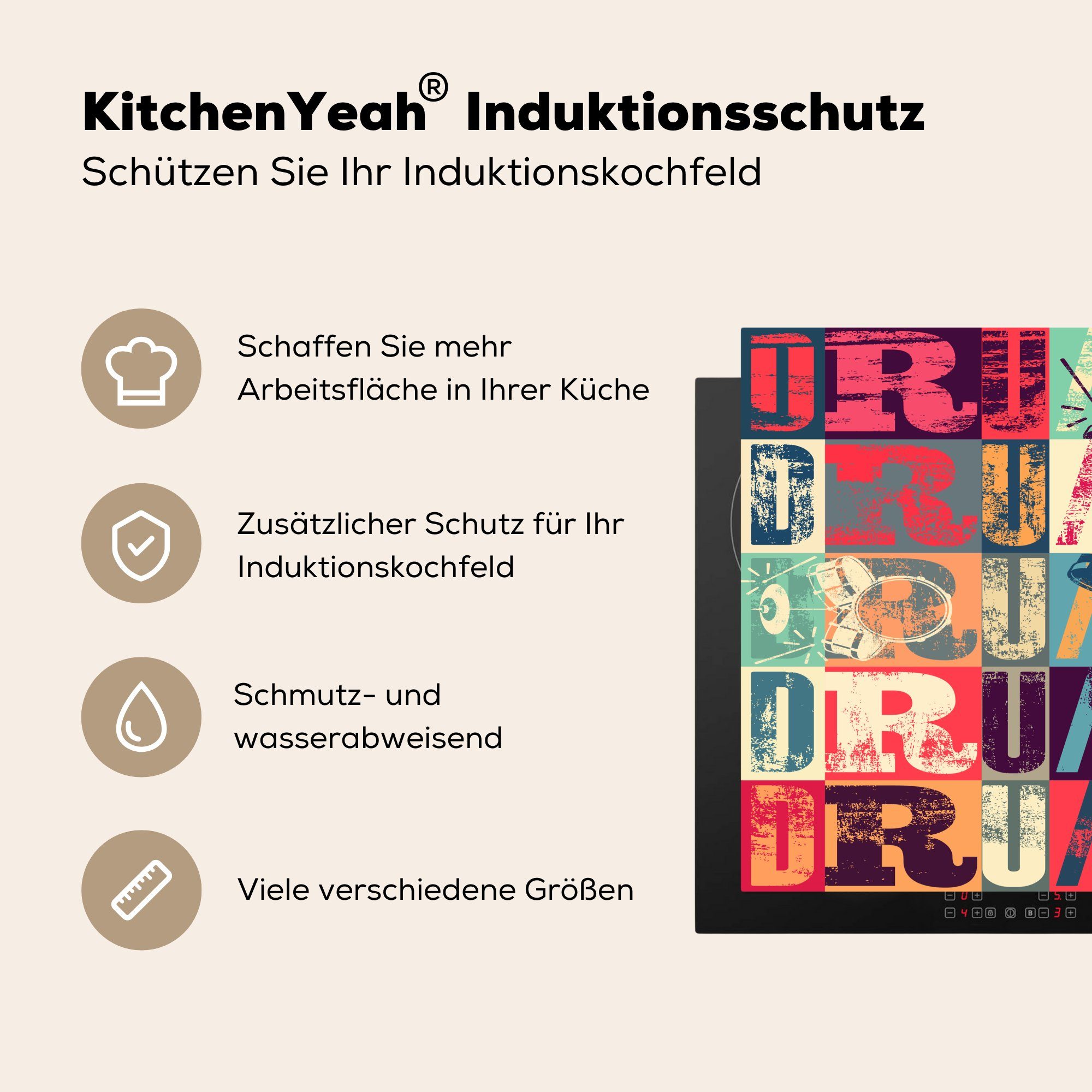 Vinyl, MuchoWow Herdblende-/Abdeckplatte Farbig Musik 78x78 - tlg), (1 für cm, Ceranfeldabdeckung, Schlagzeug, Arbeitsplatte - küche