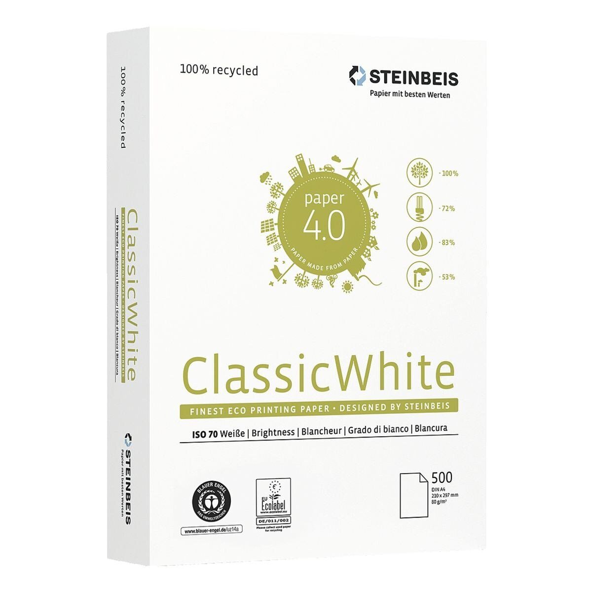STEINBEIS Recyclingpapier Classic White, 500 70 g/m², 80 DIN A4, Format CIE, Blatt