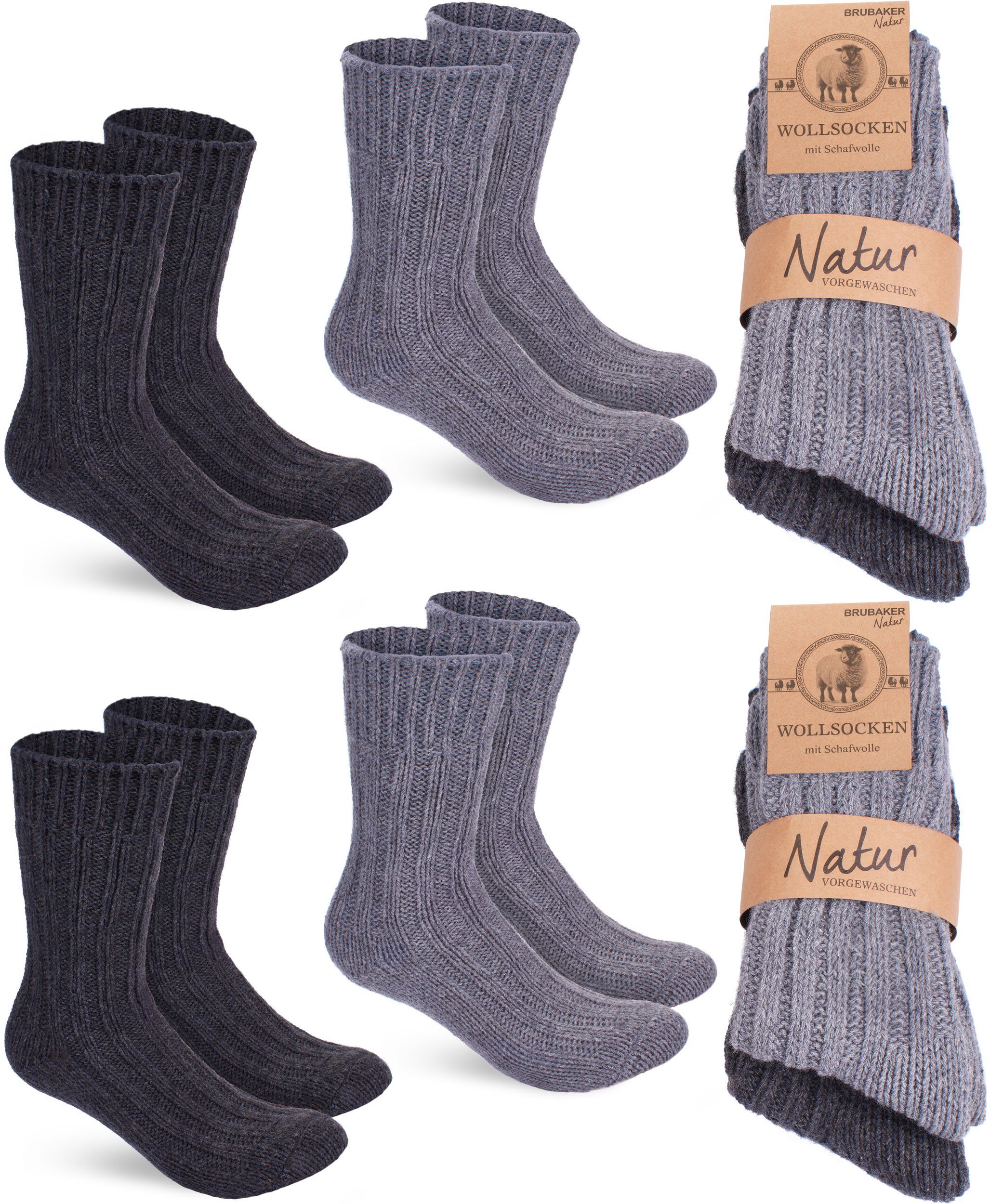 BRUBAKER Socken Wollsocken Set - Warme Wintersocken für Damen und Herren (4-Paar, Winter Stricksocken) Flauschiges Thermosocken Set mit Schafwolle