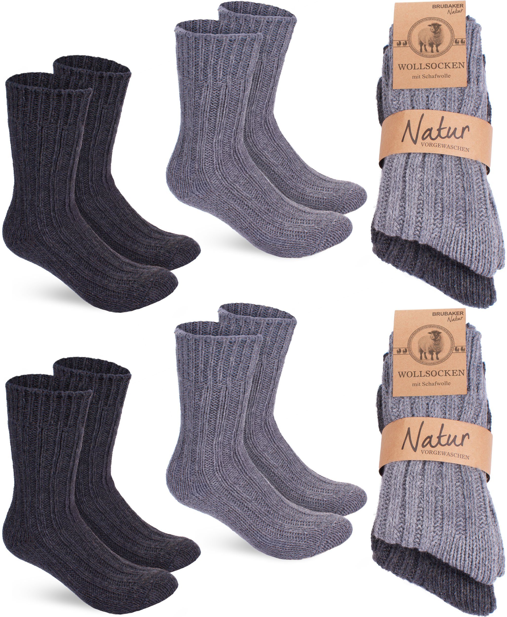 BRUBAKER Socken Wollsocken für - Damen Anthrazit Grau mit Flauschiges Schafwolle und Wintersocken Herren Set Winter Thermosocken Stricksocken) Warme (4-Paar, und Set