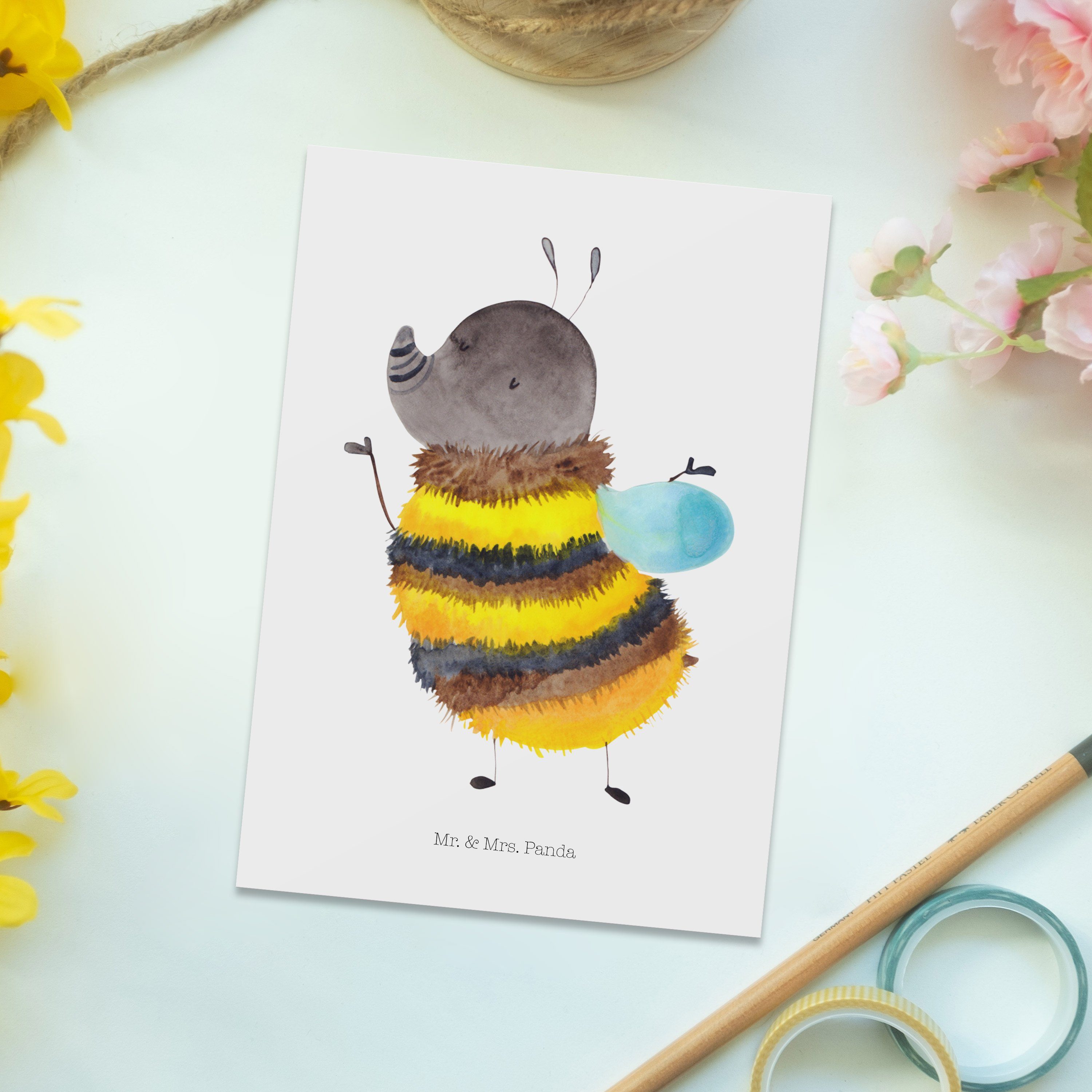 Geschenk, Mrs. Hummel Weiß Biene flauschig Postkarte & Panda - - Einladungskarte, Mr. Einladung,