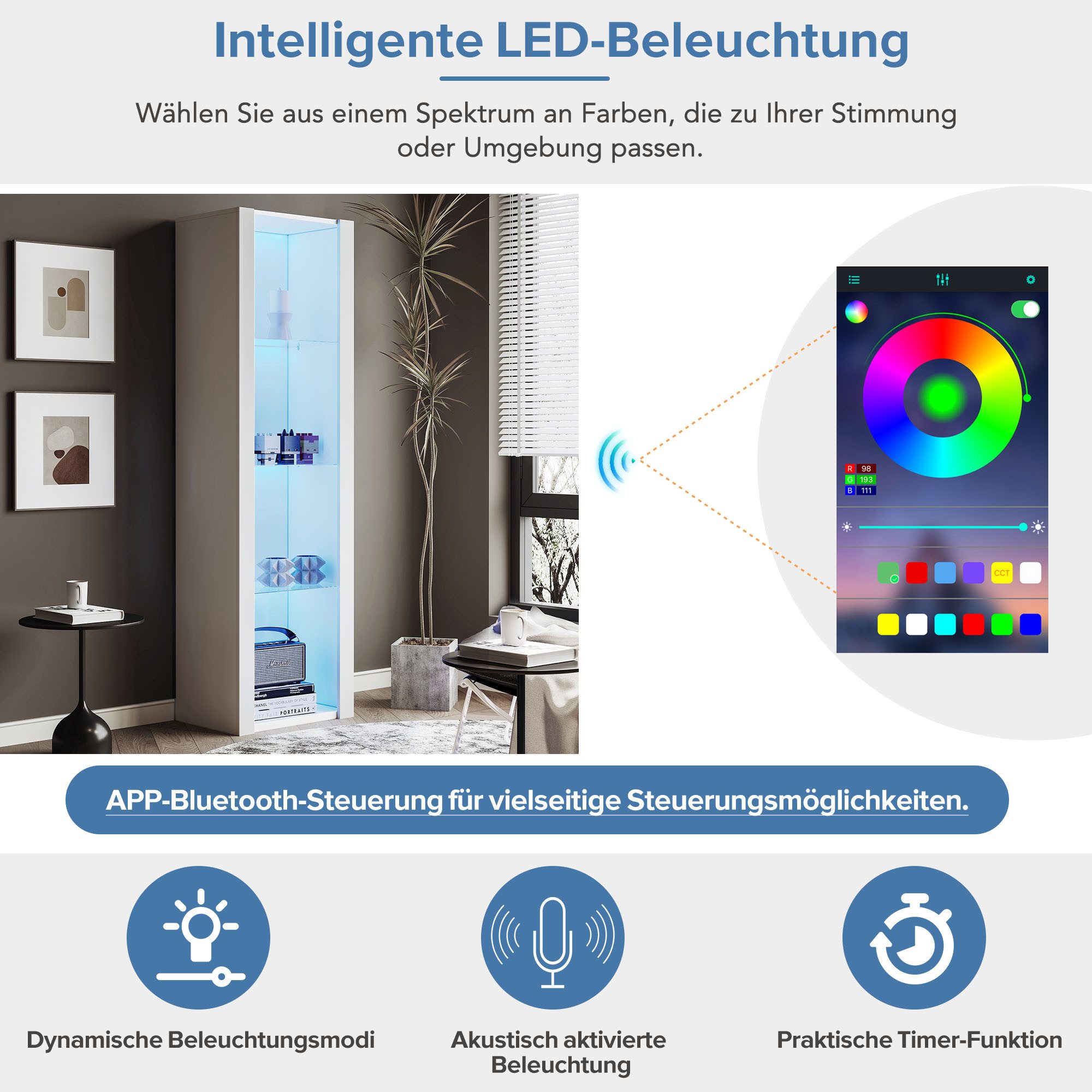 Merax Standvitrine schmal Vitrinenschrank mit 4 Fächern, APP Steurung mit LED und Glaseinlgeböden,Glasvitrine hochglanz,H:166cm