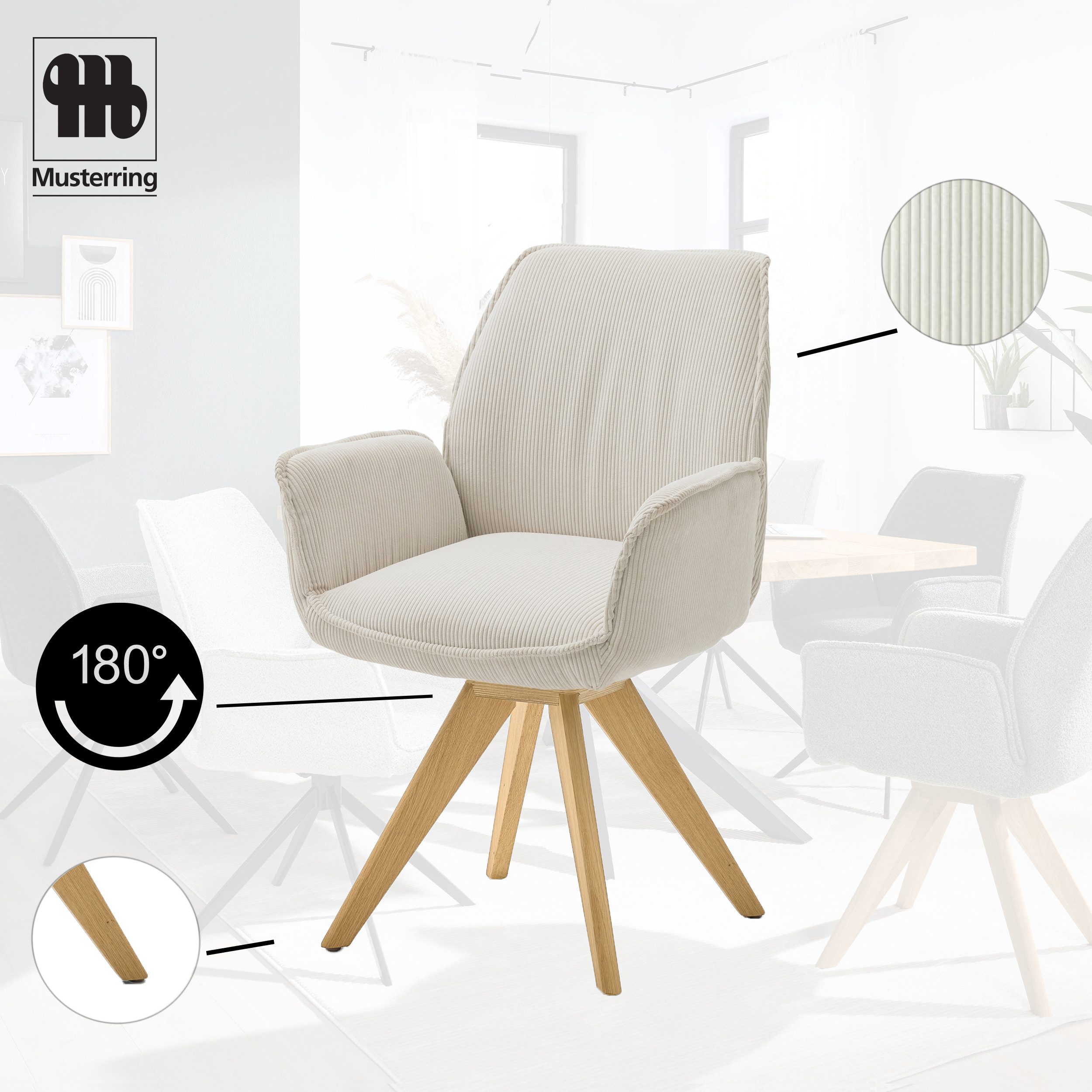 Musterring Esszimmerstuhl Tiama (Set, 2 St), Stativgestell Eiche massiv, 180° drehbar, Stoff Cord oder Bouclé