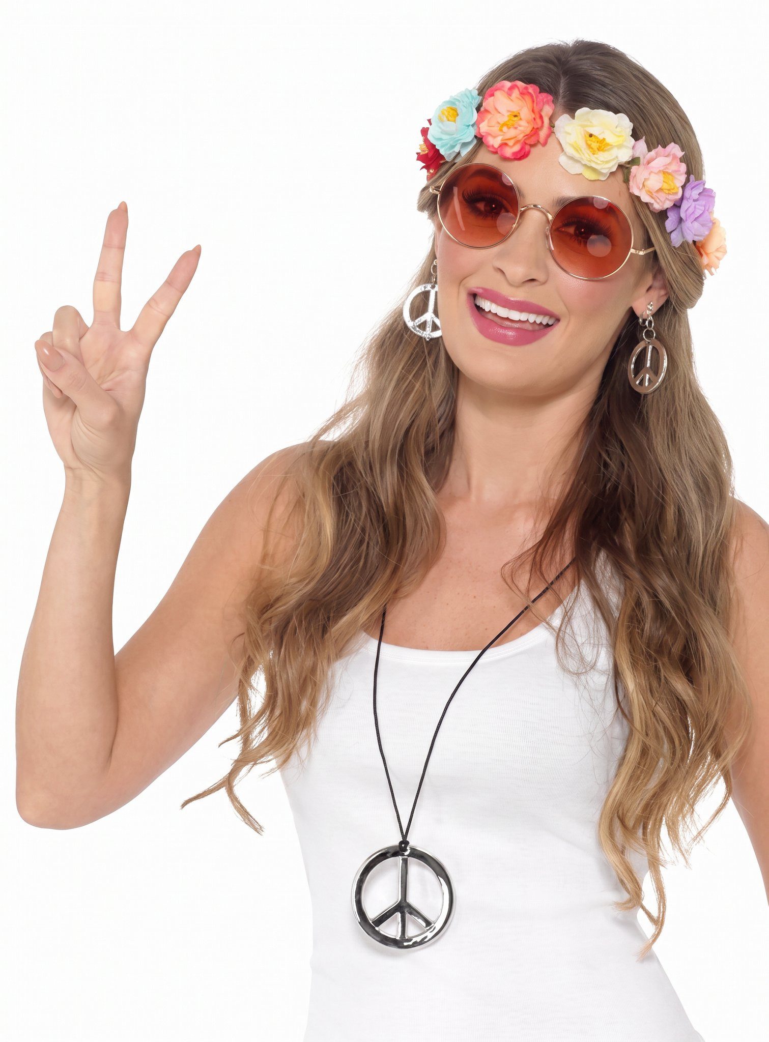 Smiffys Hippie-Kostüm Flower Power Hippie Set - Karneval Faschingskostüm, Vervollständige Dein Hippie-Outfit!