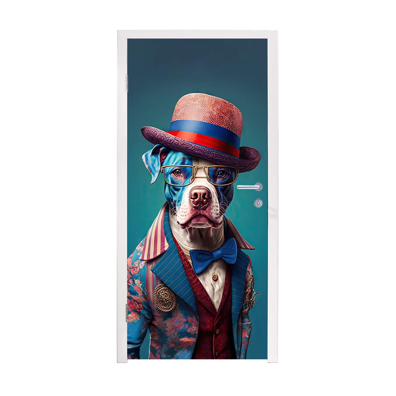 MuchoWow Türtapete Hund - Hut - Jacke - Blumen - Blau, Matt, bedruckt, (1 St), Fototapete für Tür, Türaufkleber, 75x205 cm
