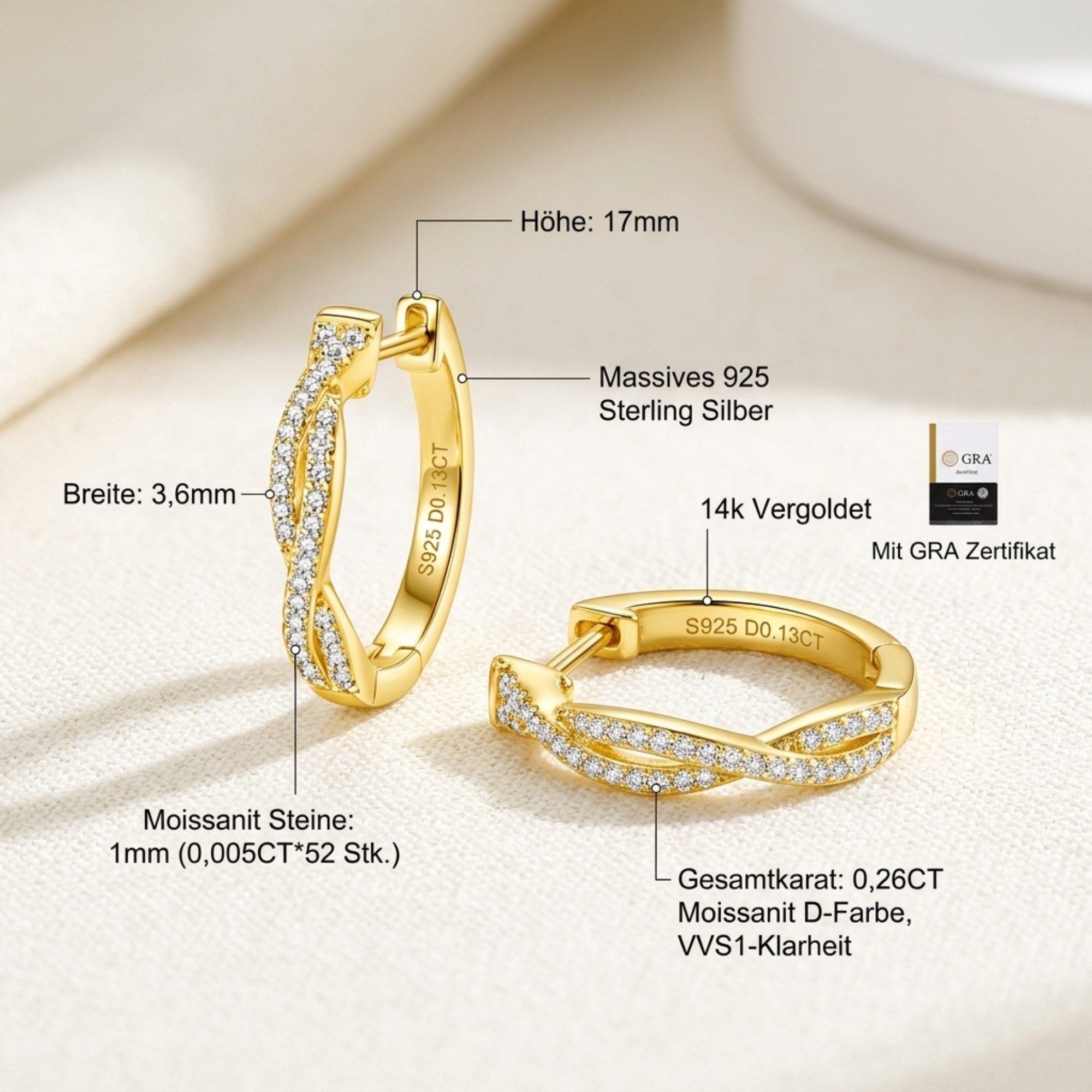 UNIQAL.de Paar Creolen Creolen Damen INFINIA – Moissanit Ohrringe aus 925 Sterling Silber (vergoldete Ausführung mit exklusiver Moissanit-Brillanz, inkl. Schmuckbox & Echtheitszertifikat), Premium-Qualität, hautverträgliche Materialien und langlebig