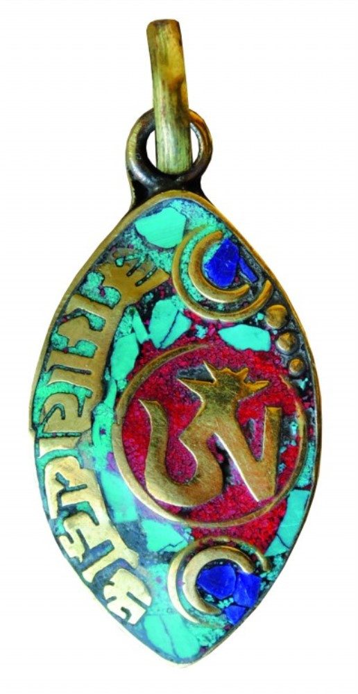 Saraswati Amulett Anhänger "Tibet-Om" grün/rot Messing oval 2x3cm