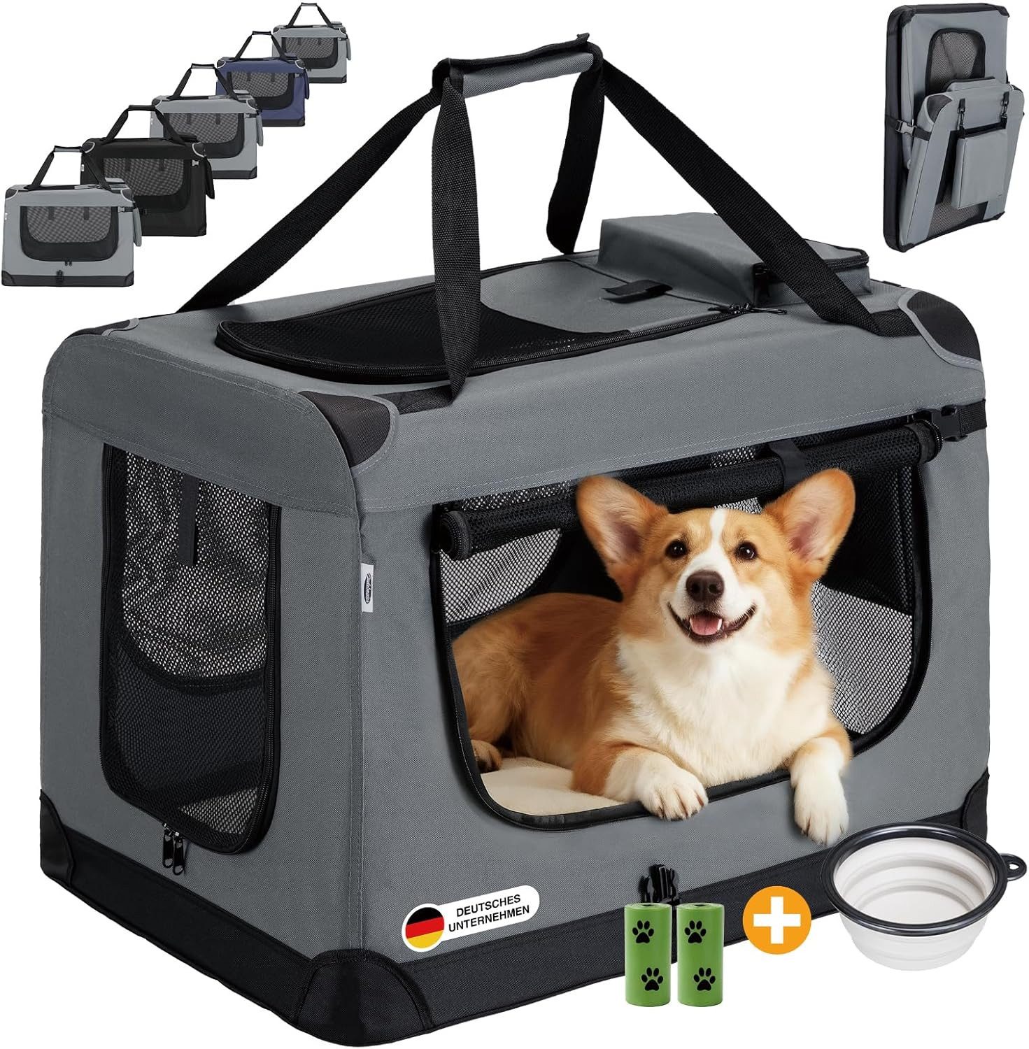 Zedelmaier Tiertransporttasche Transportbox, Faltbar Hundetransportbox, Katzenbox, Inkl.2 Rollen Hundekotbeutel, 1 faltbarer Napf, 2 praktische Beutel