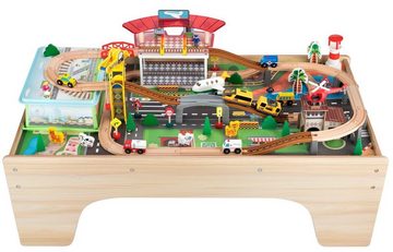 Coemo Schienenerweiterungs-Set, Set: Spieltisch und 100 tlg. Holzeisenbahn