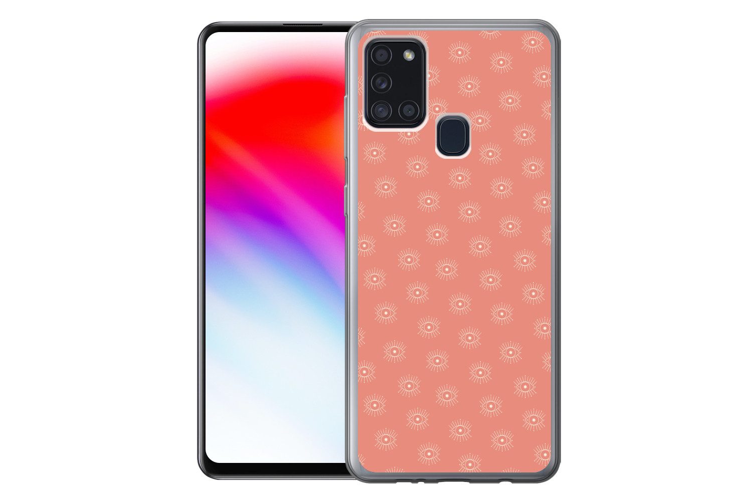 MuchoWow Handyhülle für Samsung Galaxy A21s Boho - Druck - Rosa - Weiß - Augen, Smartphone-Bumper, Print, Handy Schutzhülle Dünn