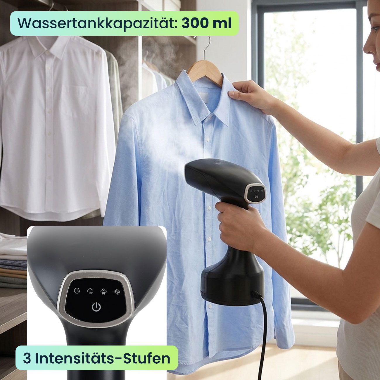 shop'n smile ideoon Dampfglätter Hand Dampfglätter mit 1900W, 300ml Wassertank, 30g/Min Dampf, 1900 W, 3 Stufen, inklusive 2 Aufsätzen & Handschuh, Dampfbürste