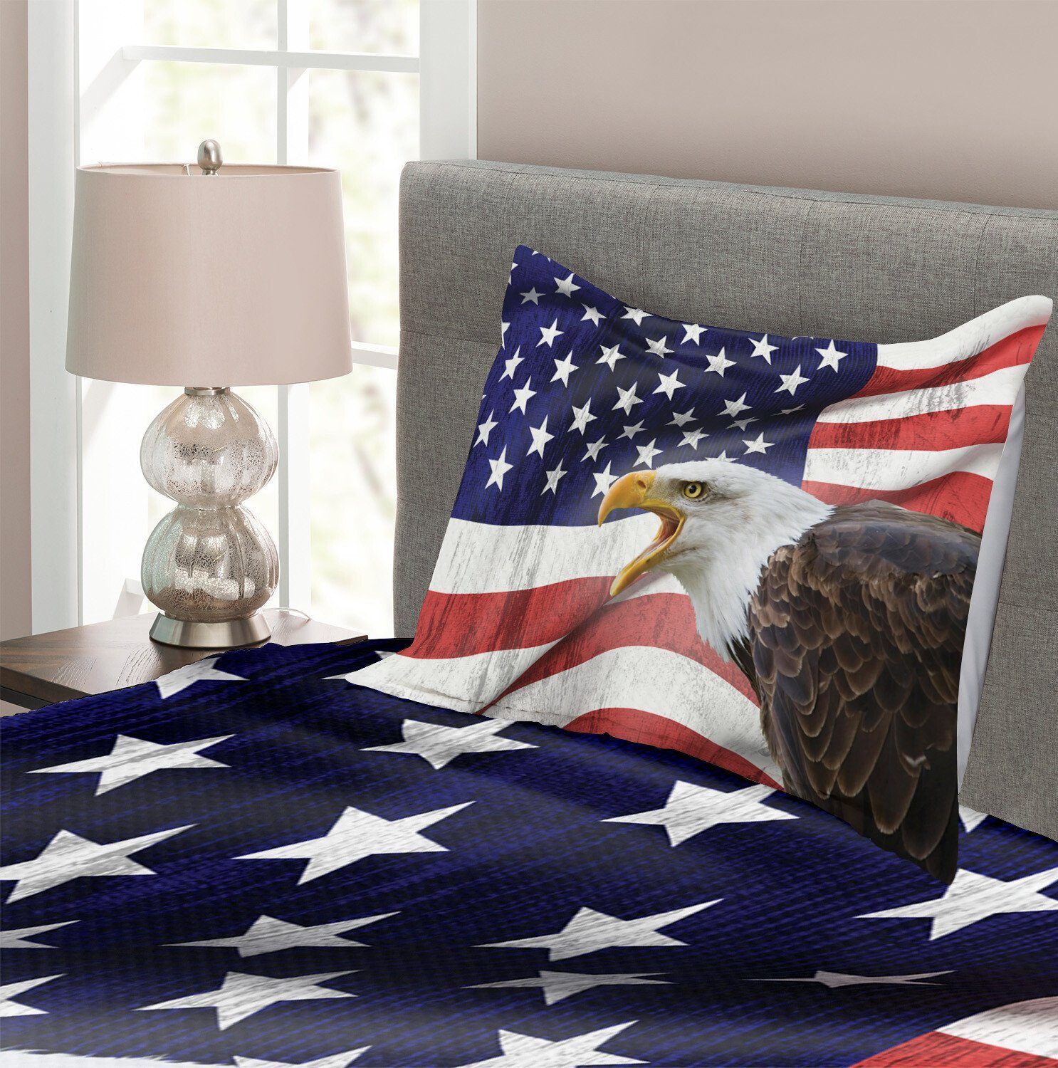Amerikanische Flagge Waschbar, Kissenbezügen mit Abakuhaus, Set Bald Tagesdecke Eagle