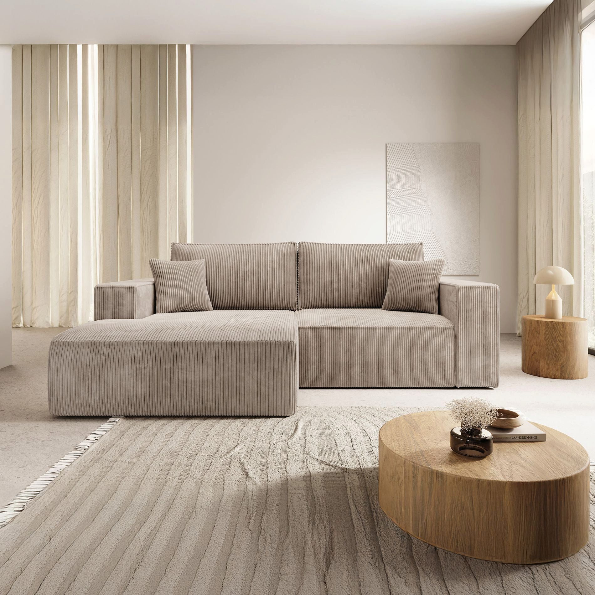Selsey Ecksofa FARESE MINI, Ecksofa mit Schlaffunktion & Bettkasten, Cord tierfreundlich