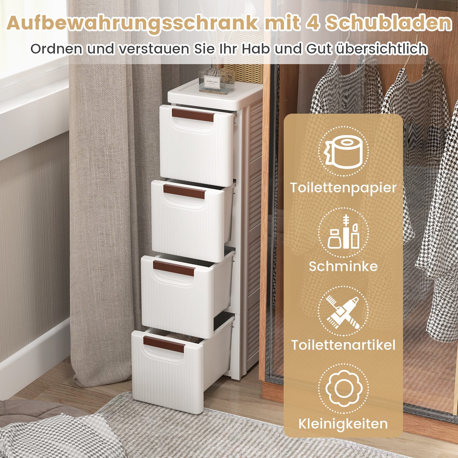 KOMFOTTEU Sideboard Nischenschrank Badschrank, mit 4 Schubladen & Rollen – Bild 4 von 5