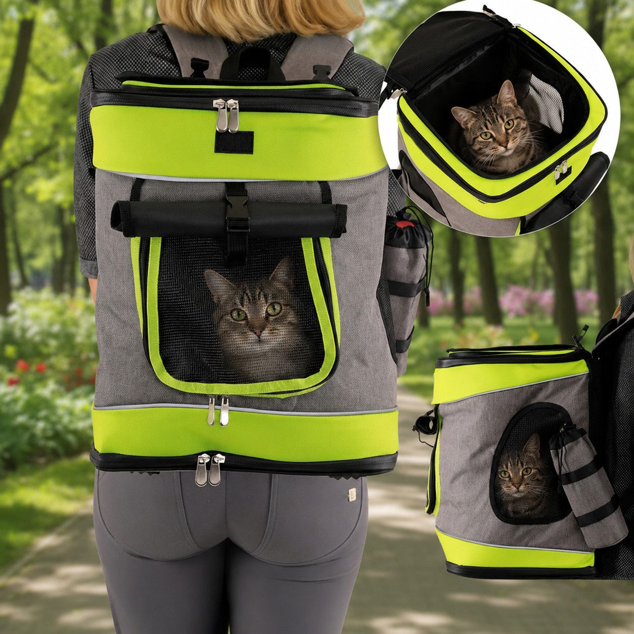 belviona Rucksack für Katzen bis 10 kg, mit Regenschutz, grau/grün (1-tlg), mit Belüftung, Trinkflaschenfach & Regenschutz – Bild 3 von 5
