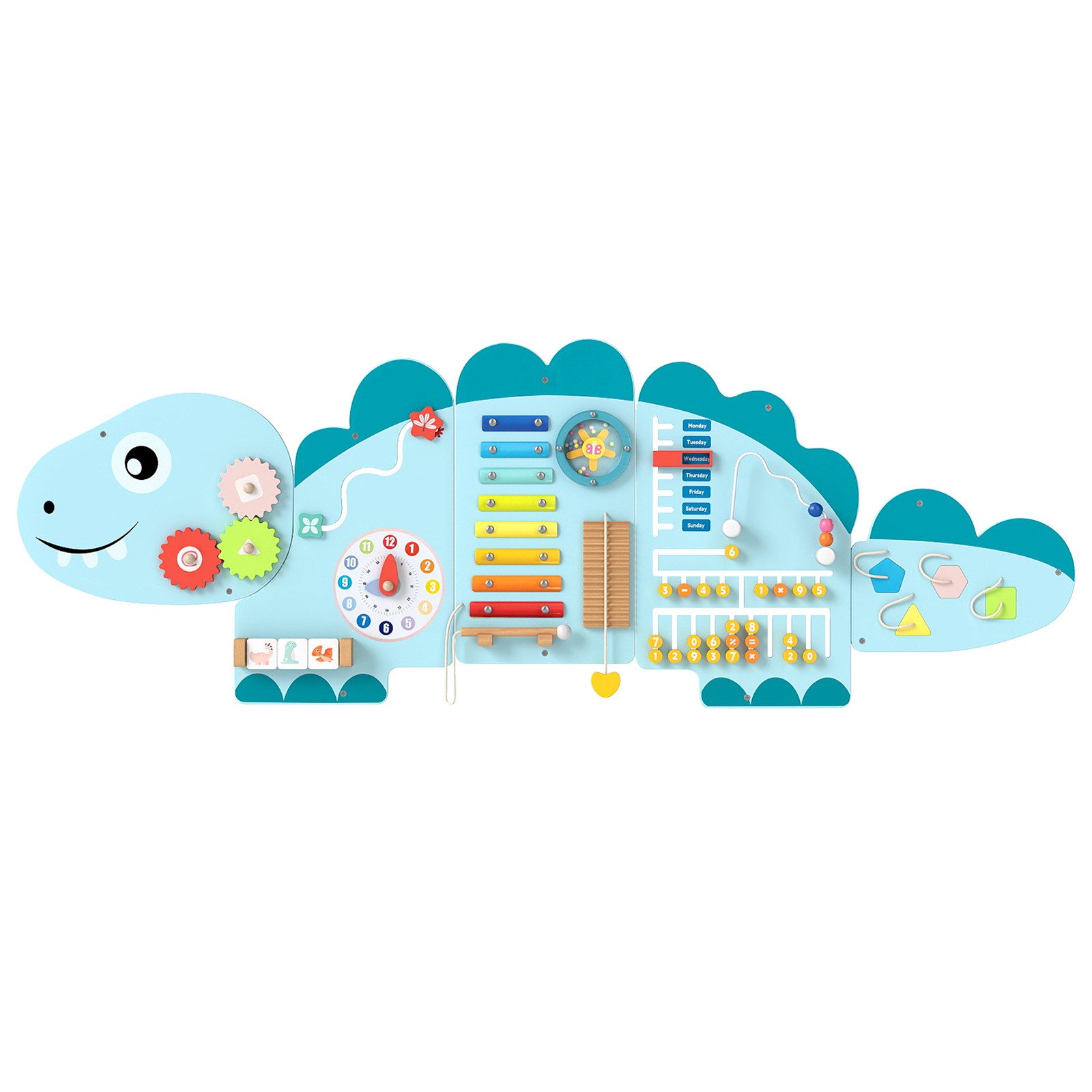 COSTWAY Motorikbrett, Dinosaurier Aktivitätswand, 11-in-1 Holz-Wandspielzeug