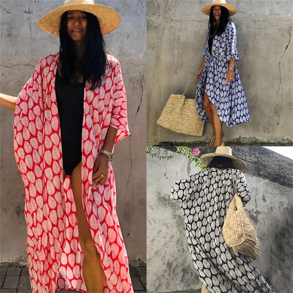 MOPUEA Strandkleid Kaftan Boho Kimono Strandkleid Bikini Cover Up Sommer Beachwear (1-tlg) Luftig mit Batikmuster, leichter Sonnenschutz für Strand und Urlaub