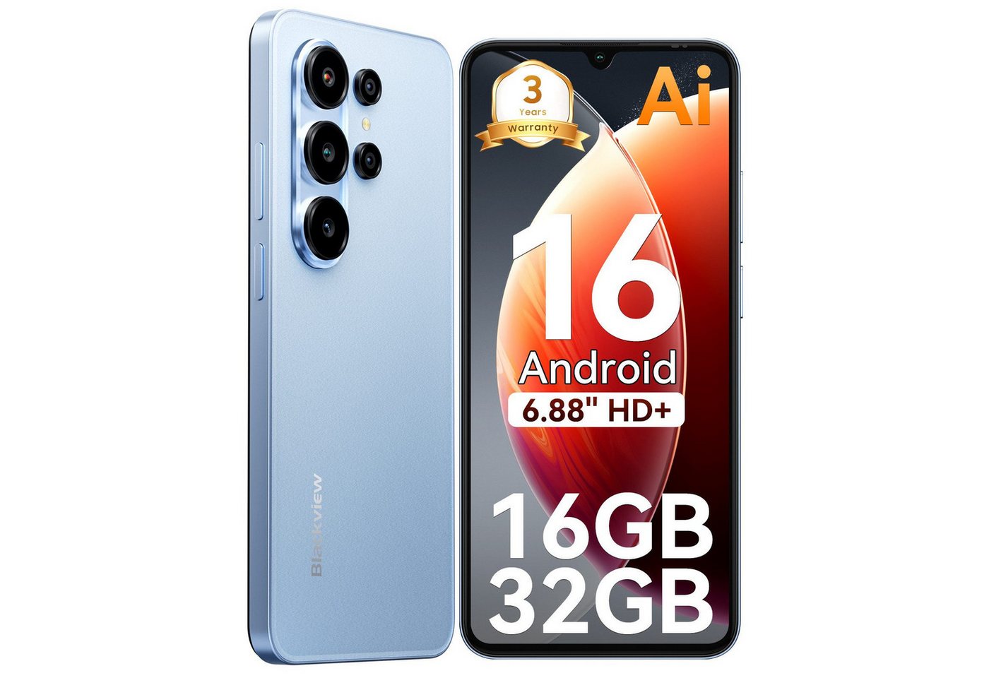 blackview Blackview Android 16 6,88'' 5000mAh 32MP 6GB+128GB Dual SIM Smartphone (6.88 Zoll, 32 GB Speicherplatz, 32 MP Kamera, Dual SIM 4G, Android 16)