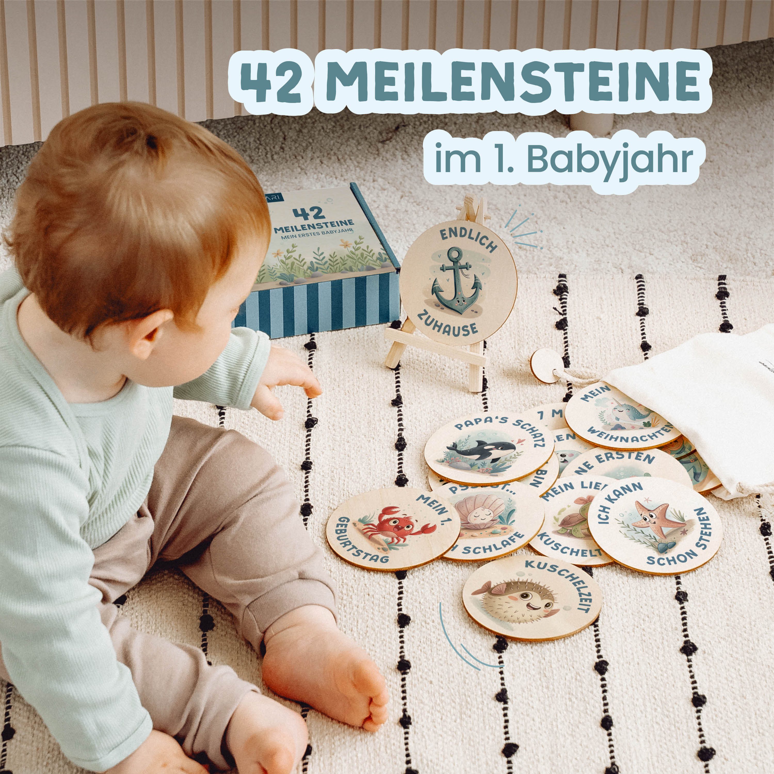 Amari Geburtskarte 42 Meilensteinkarten Unterwasserwelt Baby aus Holz inkl. Aufbewahrung, Geschenkidee Babyparty