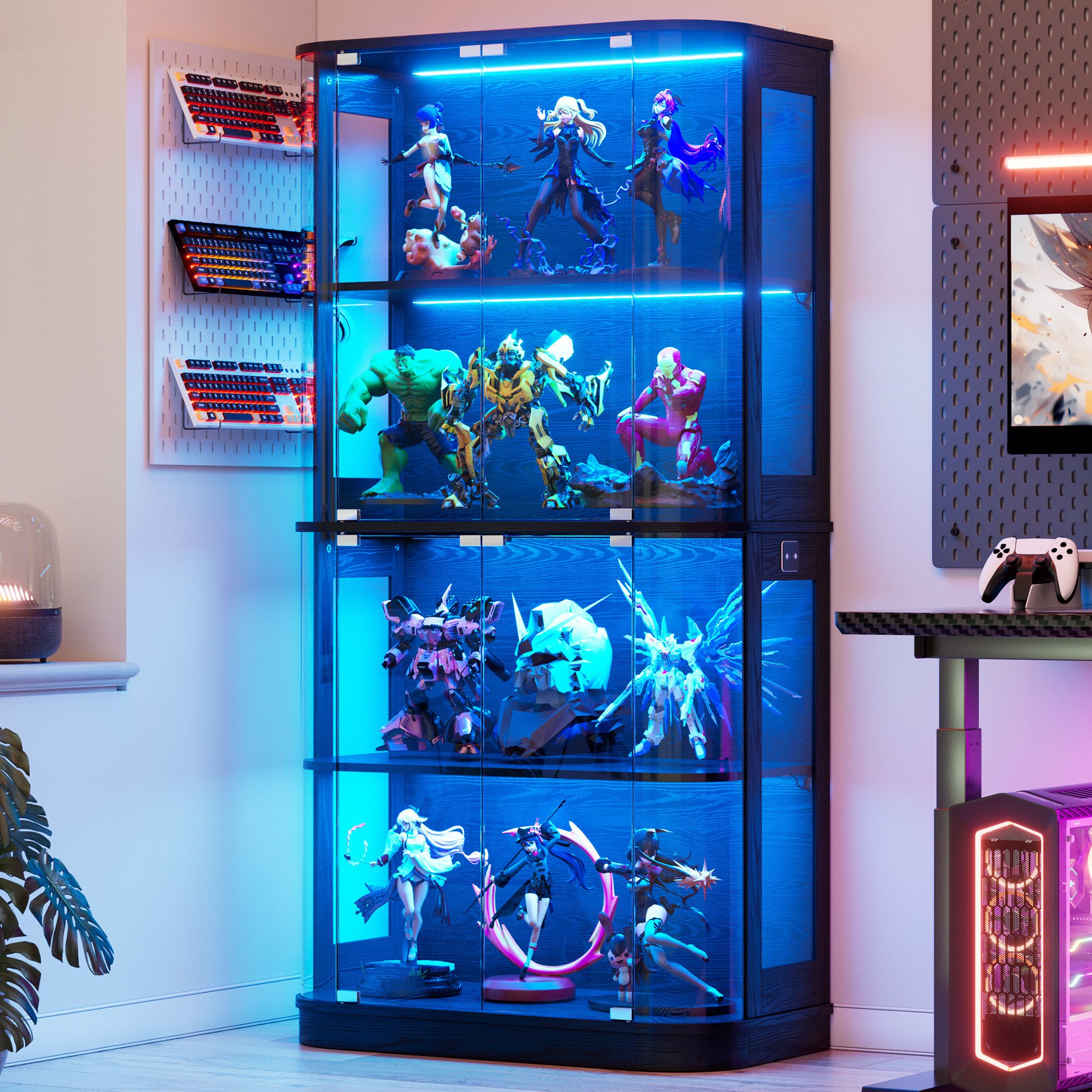 PEALOV Glasvitrine mit LED & Bewegungssensor, 4-stufiger Vitrinenschrank mit Glastüren (1-St) Bücherregal, Aufbewahrungsschrank für Wohnzimmer & Büro, 170cm