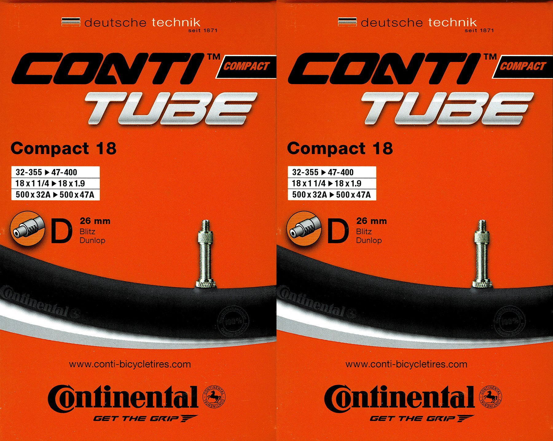 CONTINENTAL Fahrradschlauch 2x Continental Compact 18 Schlauch 18 Zoll DV (32/47-355/400) DV 26mm, 18, (2-St)
