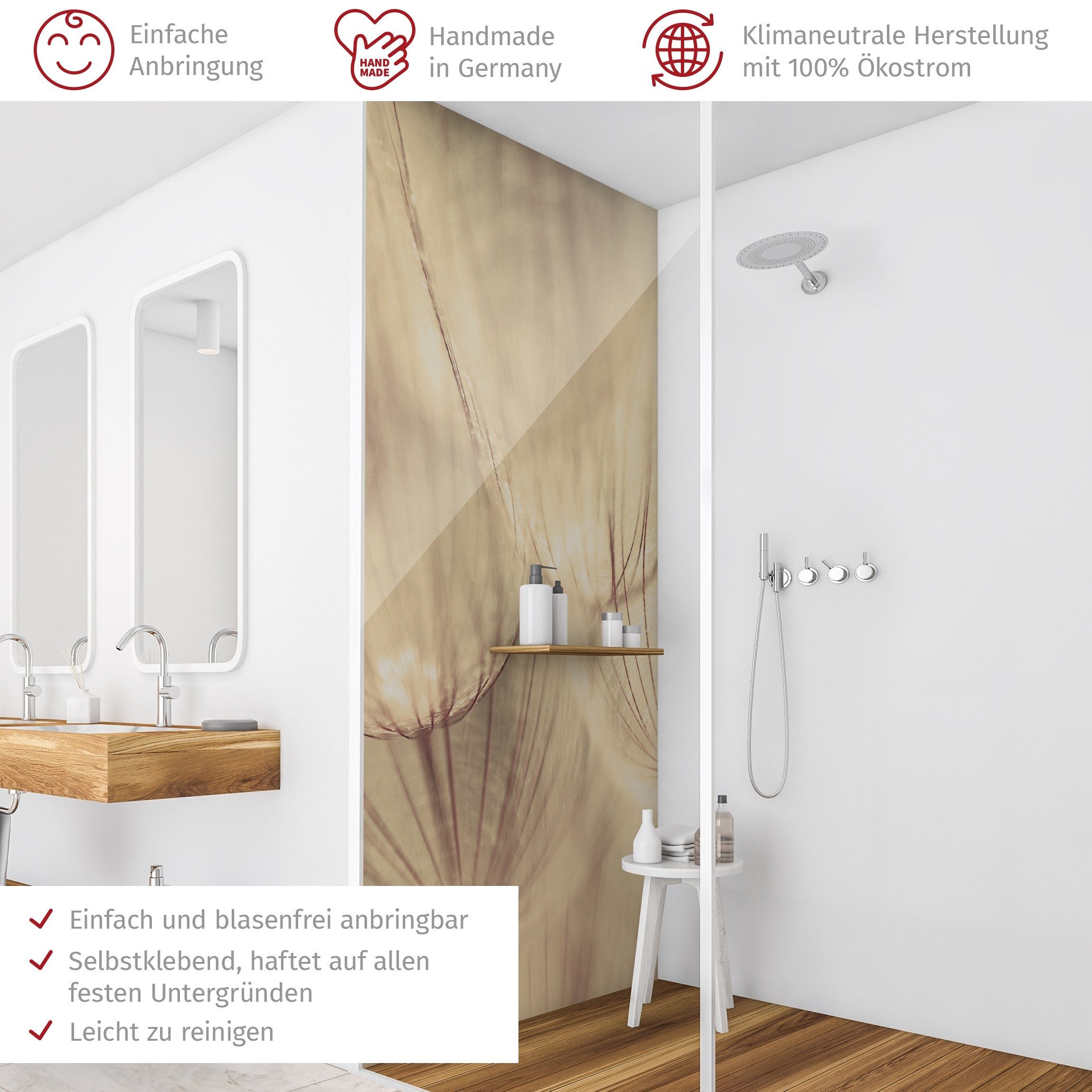 Thumbnail - Bilderdepot24 Badrückwand Pusteblume beige Duschrückwand ohne Bohren Dusche Blumen, (1-tlg., Hart-Folie Smart matt 0,35 ...