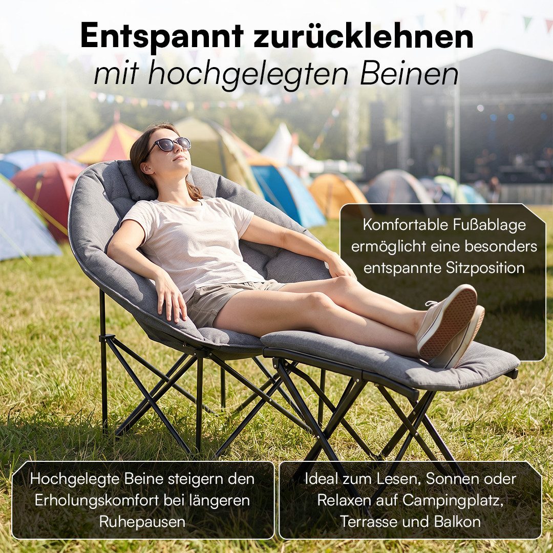 STEELSØN Campingstuhl Hoggar mit Hocker, gepolsterter Klappstuhl mit Seitentasche (grau), faltbarer Hocker, bis 150kg belastbar