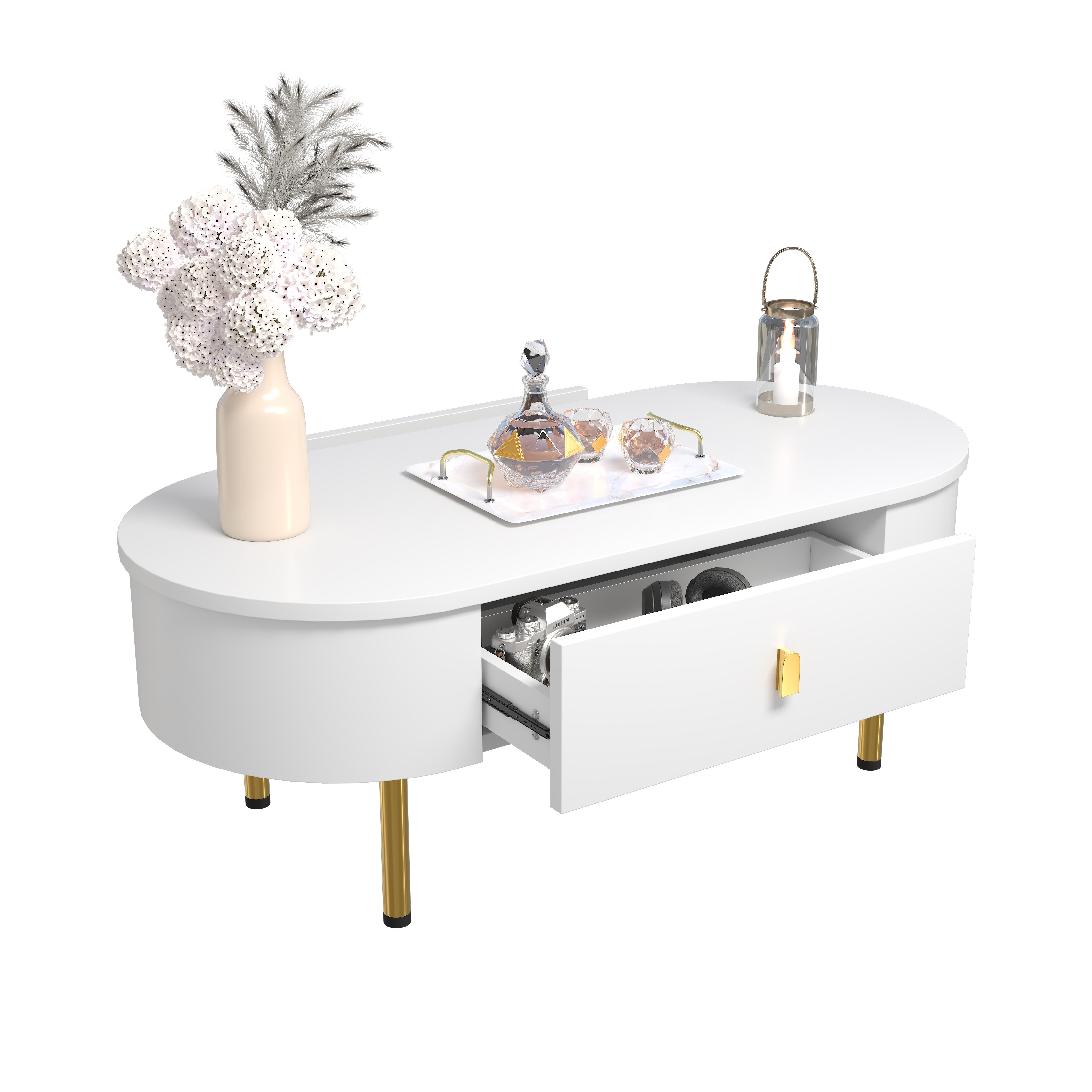 OKWISH Couchtisch mit goldenen Griffen und Beinen (Satztisch, Wohnzimmertisch, Beistelltisch, 1-St., zwei Schubladen), mit gebogenen Ecken