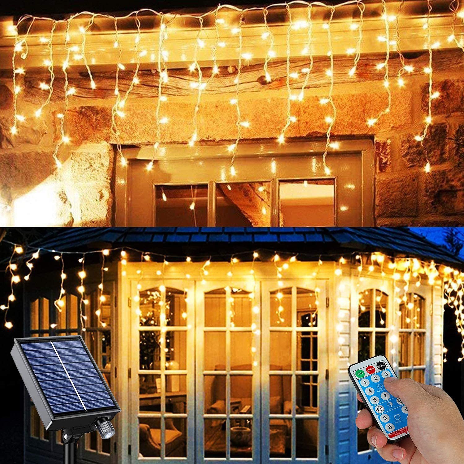 Sunicol LED-Lichterkette 8 Modi, Solar-Vorhang Lichter mit Timer-Fernbedienung, für Gärten Hinterhof Patio Landschaft