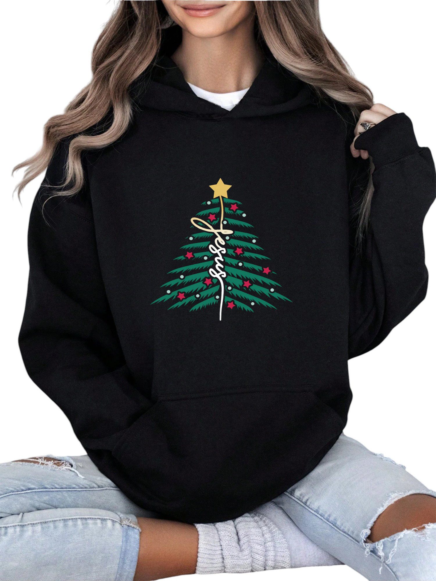Hoodie Damen Weihnachten Print Hoodie aus kuscheligem Fleece mit Tasche