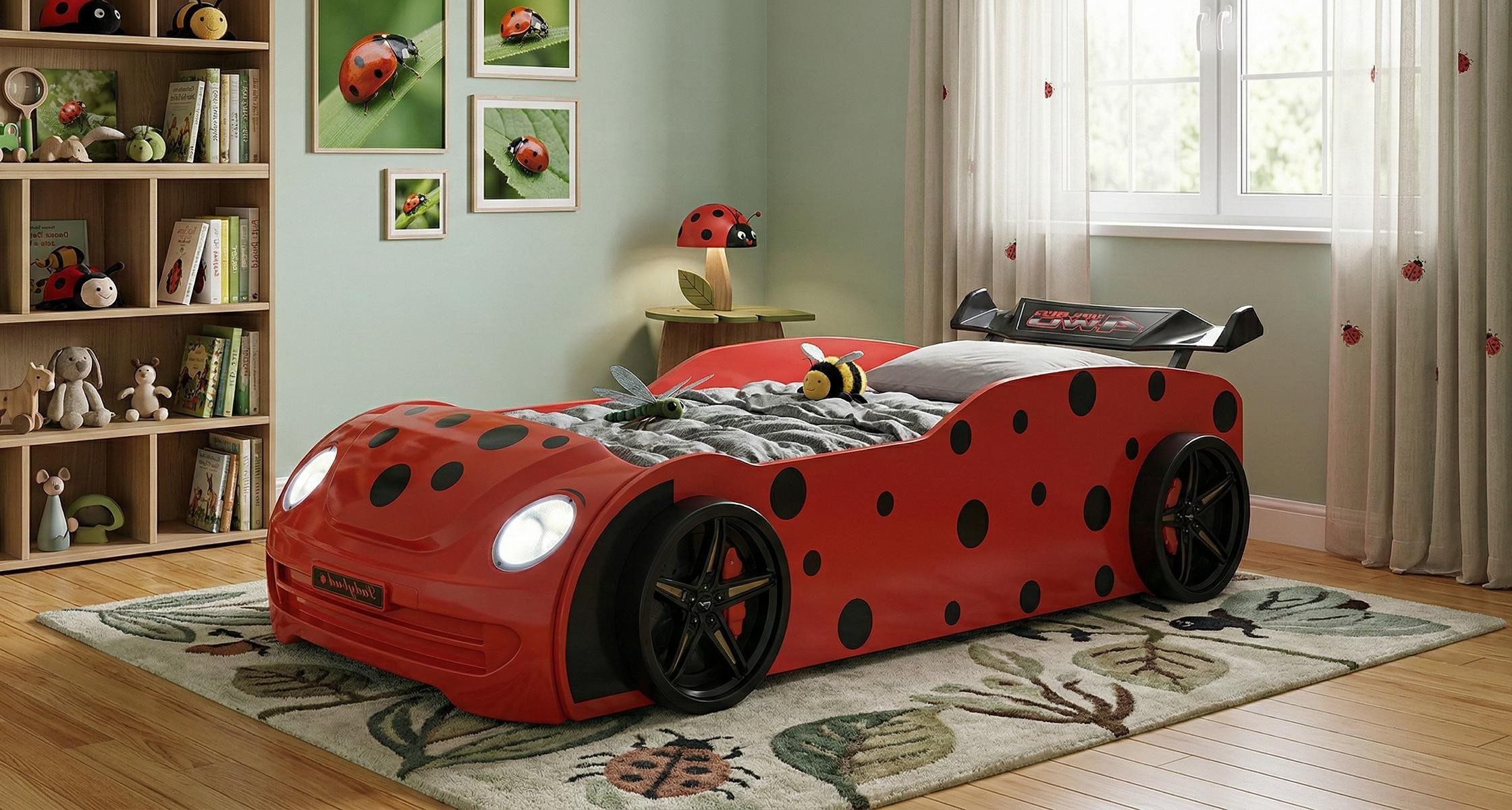 Xlmoebel Autobett Rotes Marienkäfer Autobett mit LED für das Kinderzimmer (Autobett, Autobett Marienkäfer), Made in Europa