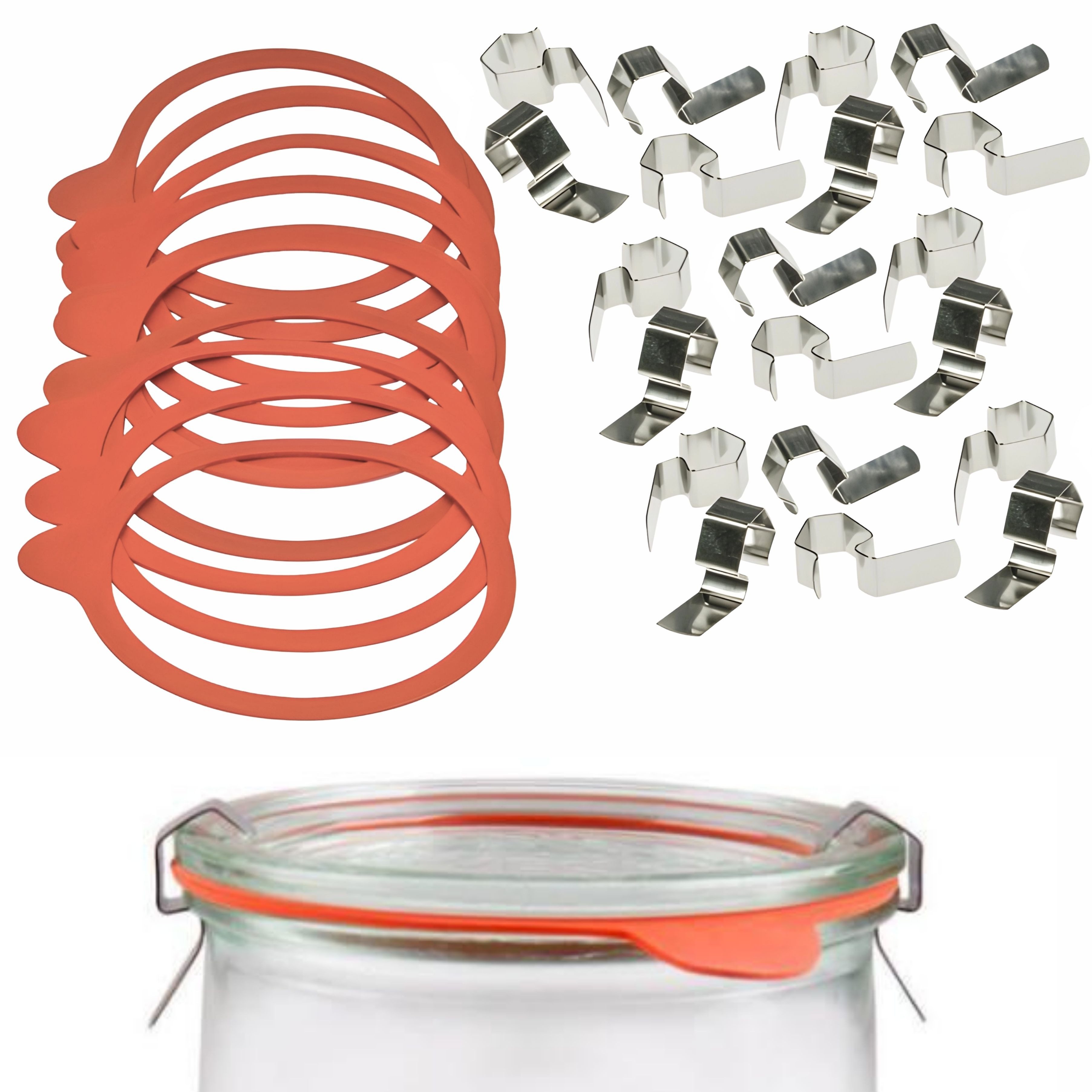 mikken Einmachglas Einmach-Set für 10 Weckgläser Gummiringe 94x108 mm & Klammern, (Spar-Set, Geeignet zum: Einkochen von Obst, Gemüse, Marmelade, Säften u. v. m), luftdicht, RR100, für Weck-Gläser & Rundrand-Gläser mit Ø 10 cm