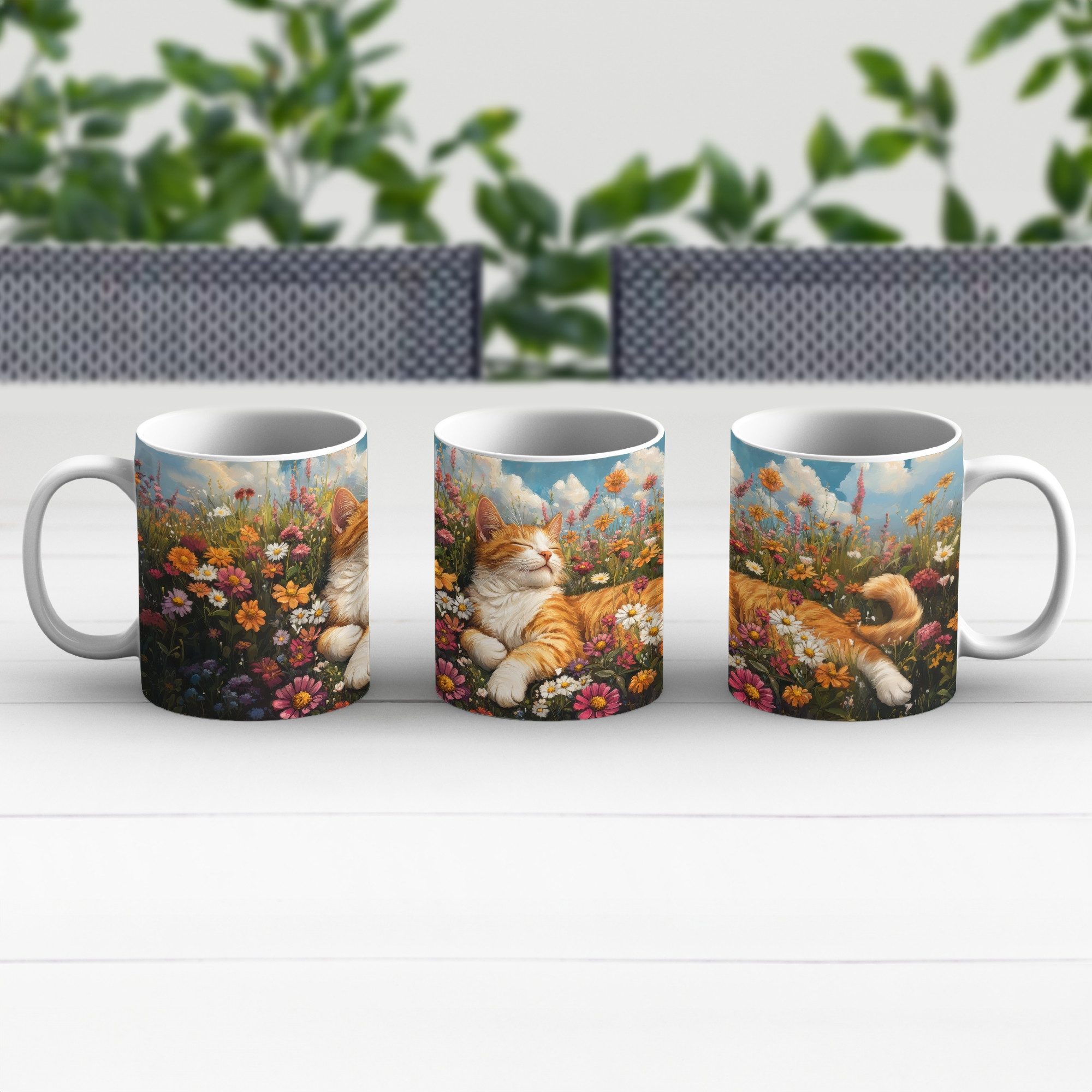 MuchoWow Tasse Katze - Blumen - Entspannen, 1-tlg., Keramik, Kaffeetassen, Teetasse, Becher, Kaffeebecher, Geschenk