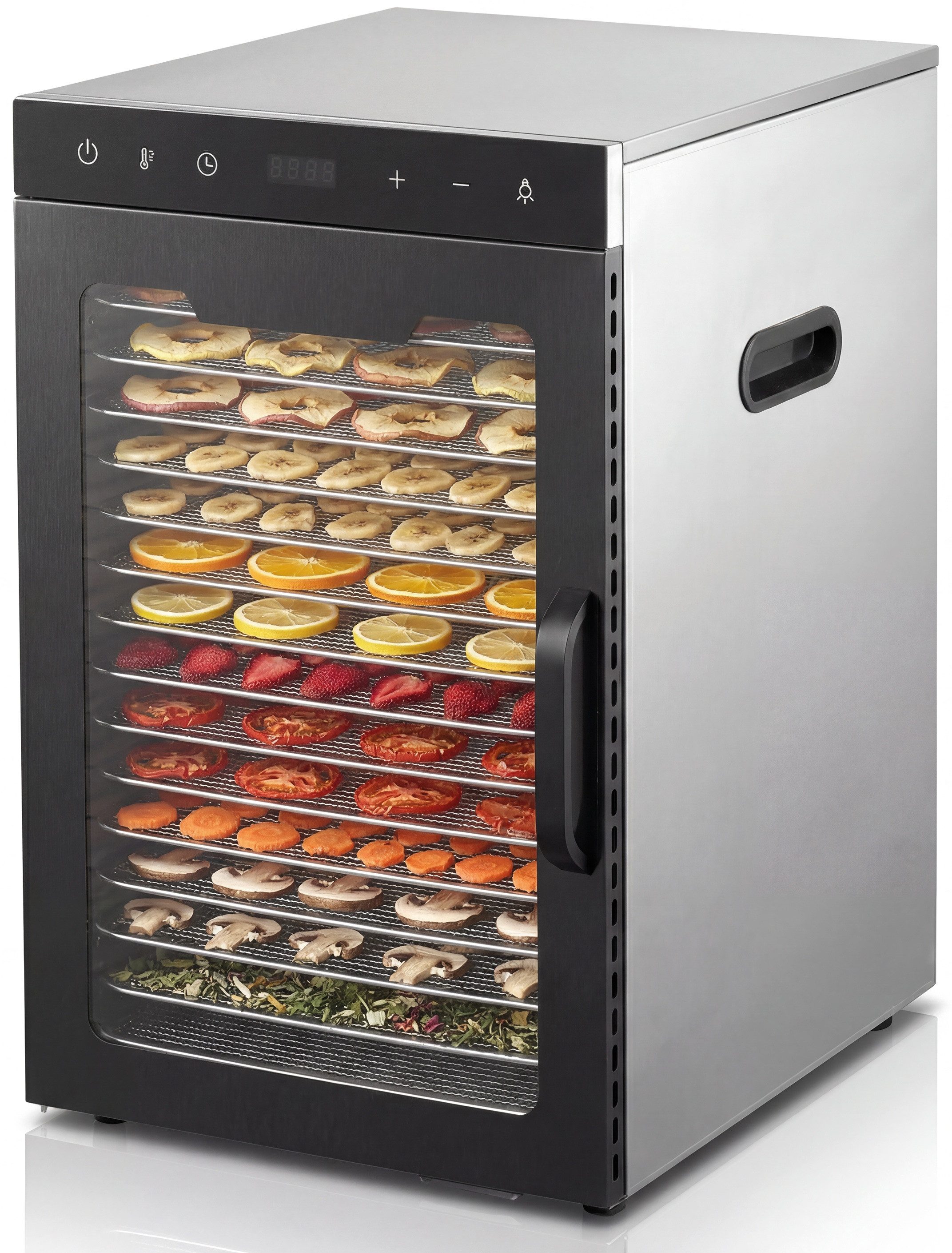 Arendo Dörrautomat Edelstahl, 16 Fächer, Temperaturregler 30°-90°C, Dörrgerät, Dehydrator 1000 W, 16 Etagen, Obst, Fisch, Fleisch Dörrapparat, Obsttrockner, Timer 0,5-24 Stunden