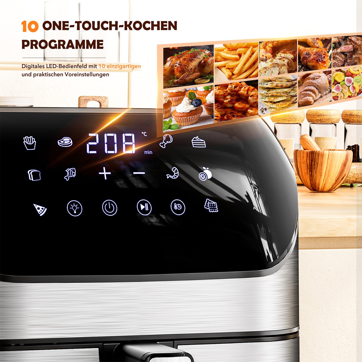 oyajia Heißluftfritteuse Heißluftfritteuse XXL 8L mit Sichtfenster, Friteuse ohne Öl 80°C-200°C, 1800,00 W, Airfryer mit 10 Programmen, Beleuchtung, Timer und Touch-Display