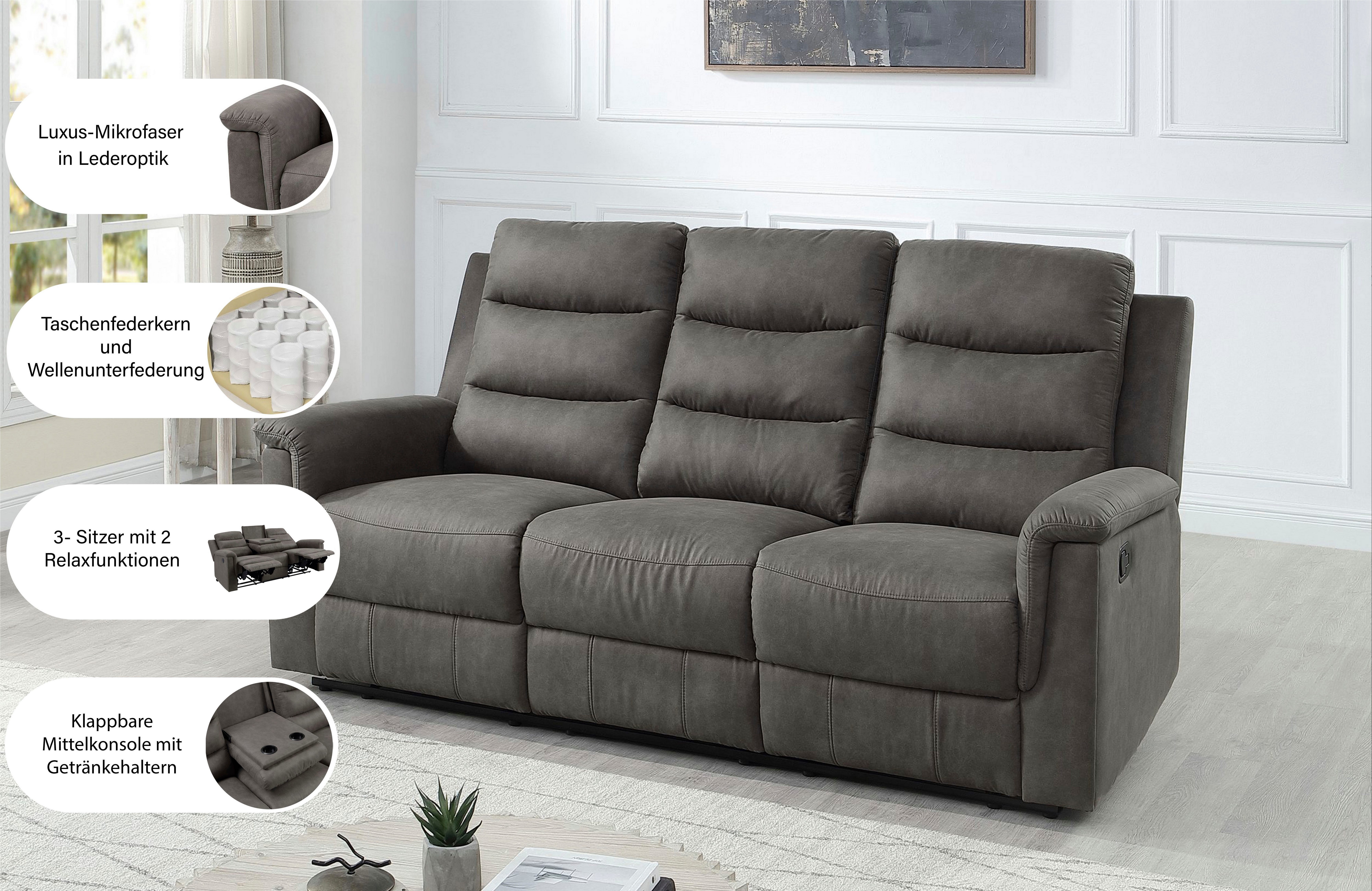 ATLANTIC home collection 3-Sitzer Cliff mit 2 Relaxfunktionen, Federkern und Becherhaltern in klappbarer Mittelkonsole