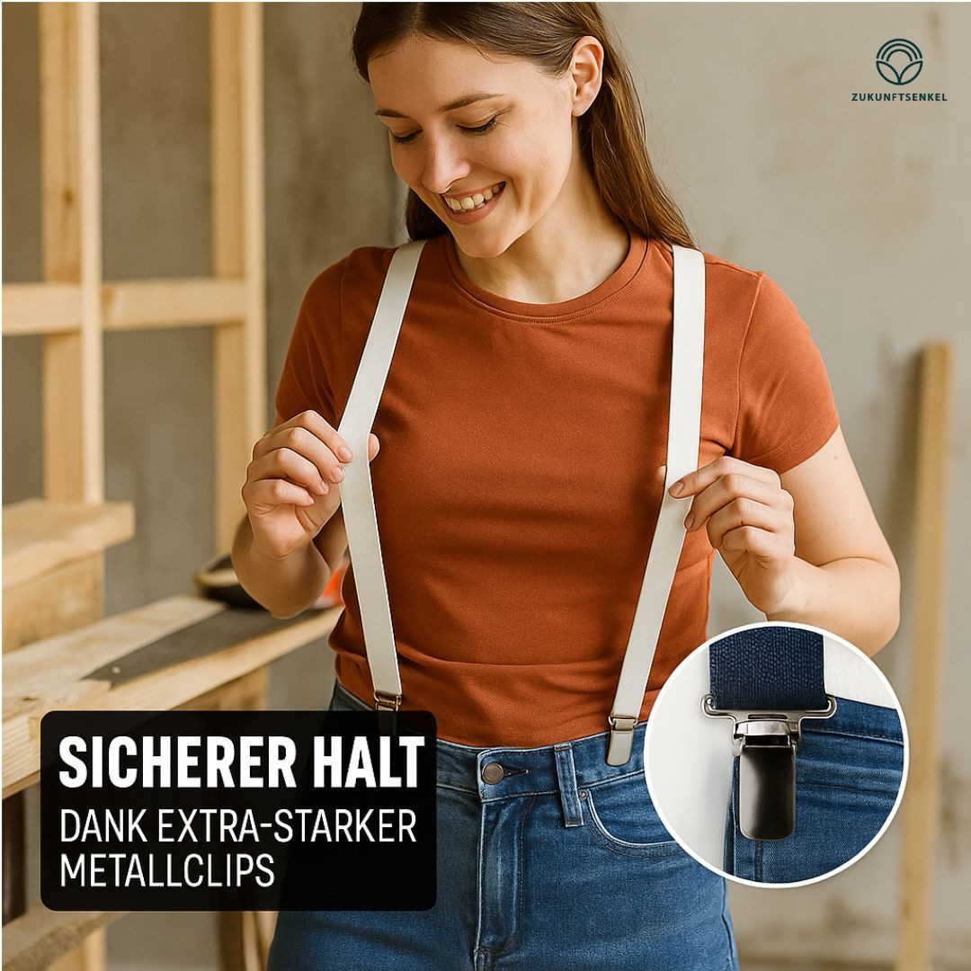 ZUKUNFTSENKEL Hosenträger Schmaler Hosenträger - Sicherer Halt Damen & Herren 2,5cm X-Form (Für Damen und Herren) 4 Starke Clips, Deutsche Herstellung, Elastisch