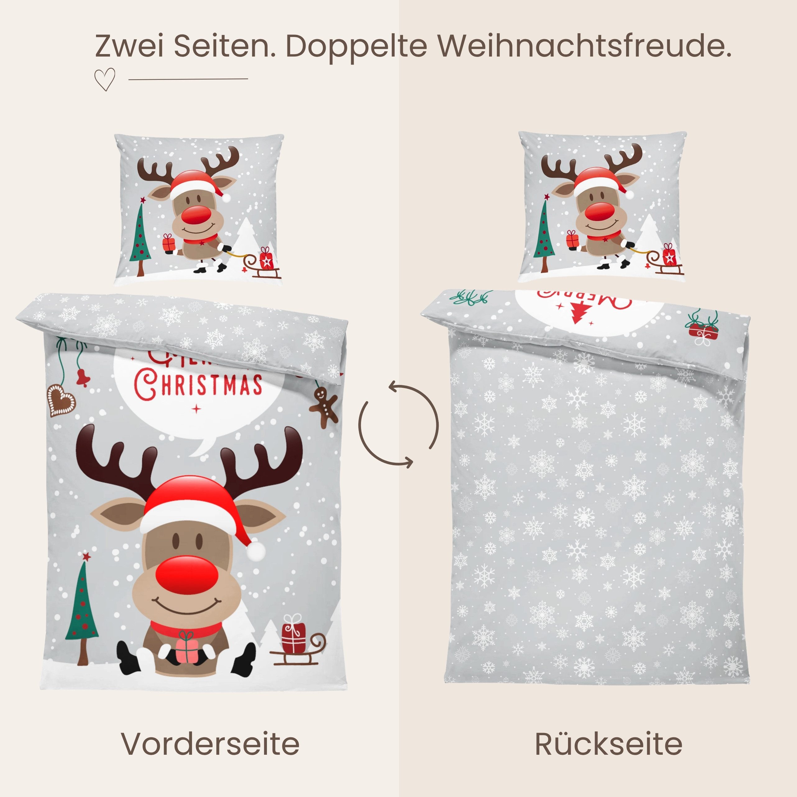 MTOnlinehandel Bettwäsche Weihnachten "Rentier mit roter Nase" Merry Christmas Winter Bettwäsche, Renforcé, 2 teilig, 135x200 + 80x80 cm 2 tlg., 100 % Baumwolle – Bild 4 von 5
