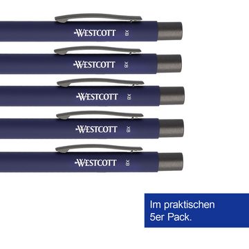 WESTCOTT Druckkugelschreiber Premium Kugelschreiber 5 Stück Blau, XB 1,4mm blaue Tinte, (Vorteilspack, 5-tlg), aus Aluminium, dokumentenecht