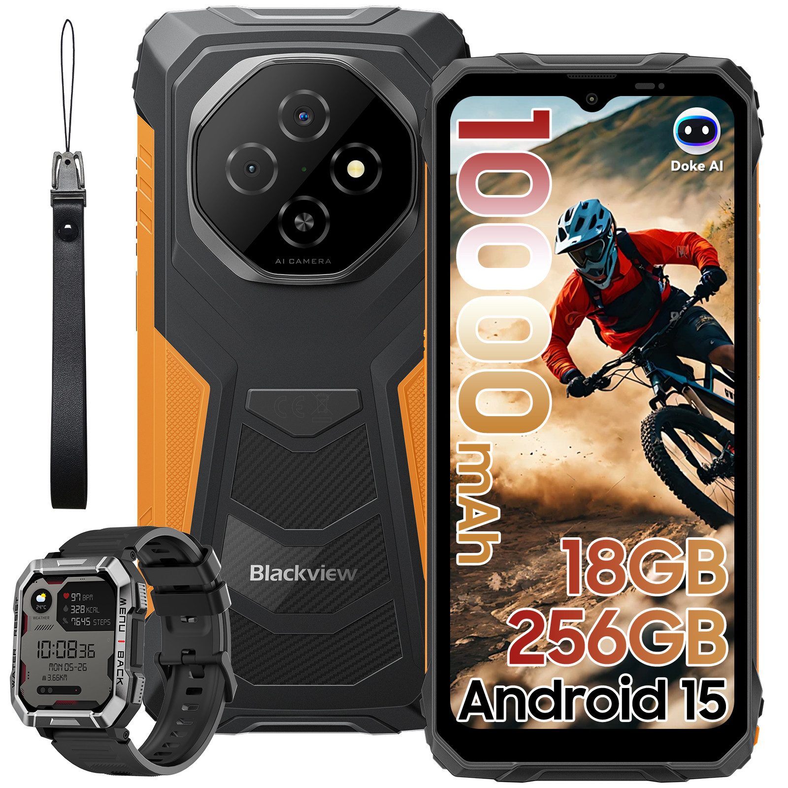 blackview FORT 1 incl. W60 Smartwatch Android 15, 10000mAh, Outdoor Smartphone (256 GB Speicherplatz, 6.56”, 90Hz, fingerprint, NFC,10000mAh, 18W)