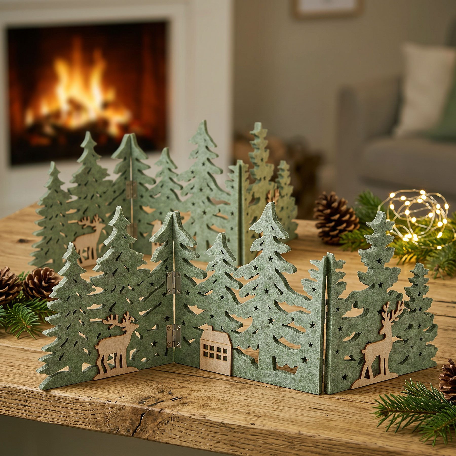 Levandeo® Dekoobjekt, 2er Set Wald Silhouette Grün Filz Deko Waldhütte Hirsch Aufsteller