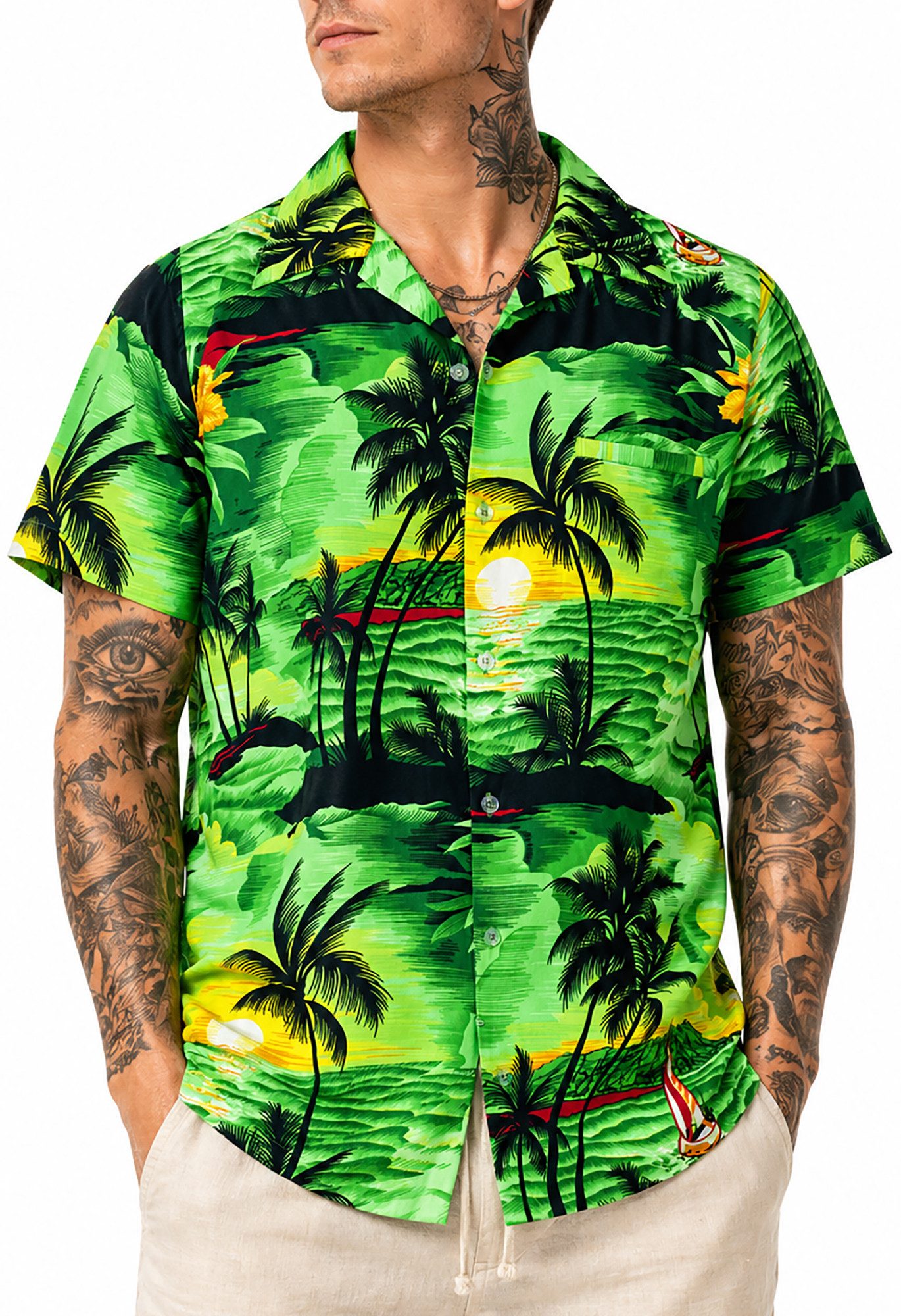 King Kameha Hawaiihemd "Surf" Funky Hawaii-Hemd Herren Kurzarm Front-Tasche Sommerhemd